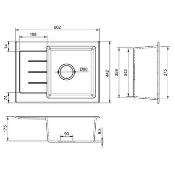 QLS Küchenspüle Master 1.0S Links, Granit-Spülbecken, Küchenspüle Einbauspüle Einzelbecken Abtropffläche 60x44cm
