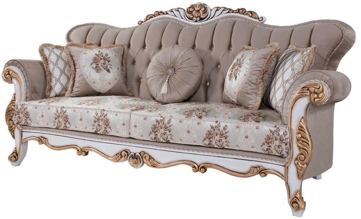 Casa Padrino Sofa Luxus Barock Sofa mit Kissen Grau / Mehrfarbig / Weiß / Bronze 232 x 87 x H. 101 cm - Wohnzimmer Couch mit Blumenmuster und wunderschönen Verzierungen