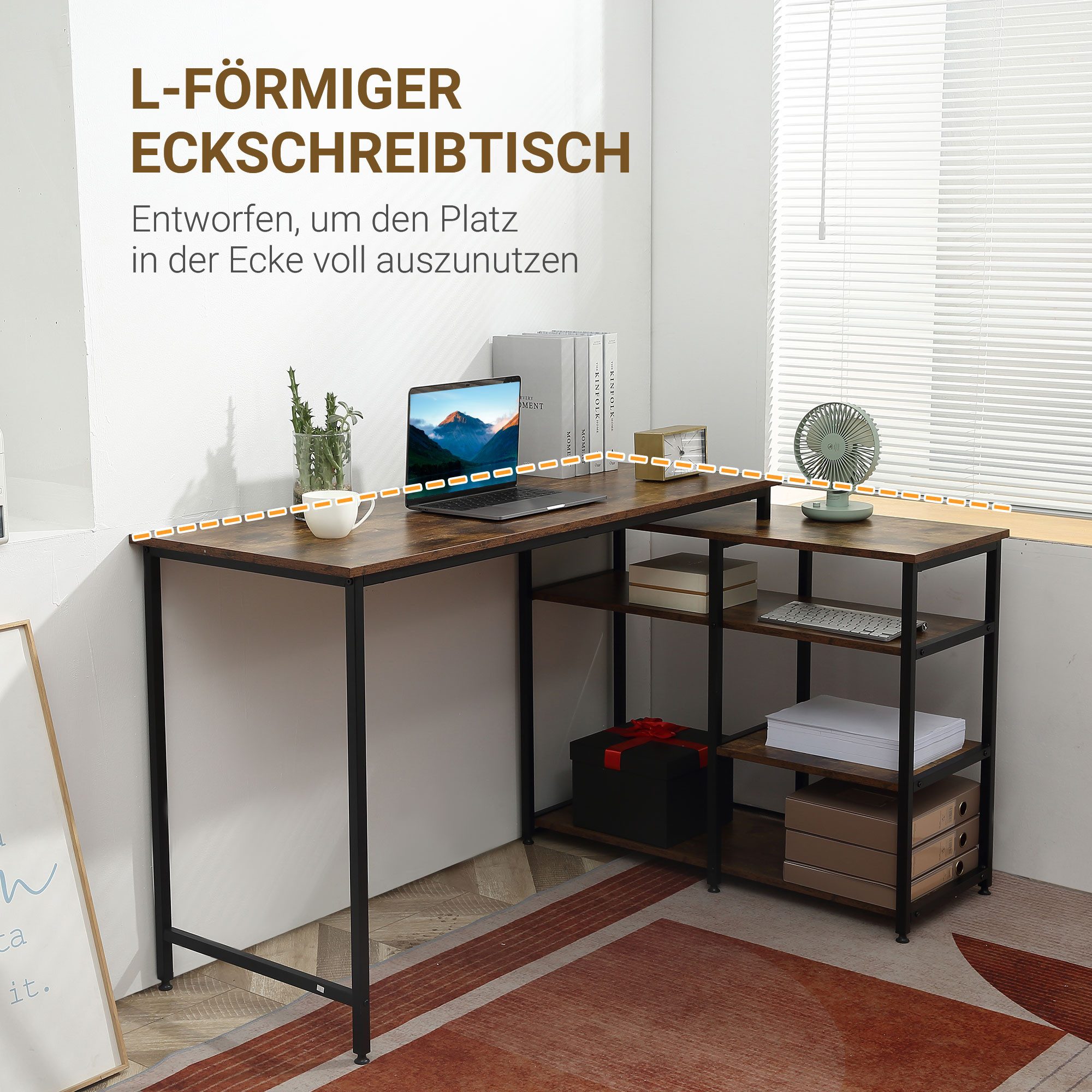 MC Star Eckschreibtisch L-Form PC-Tisch mit Regal und Schublade 135x90x79cm rustikales (Braun Spanplatte Metall für Büro & Home Office)