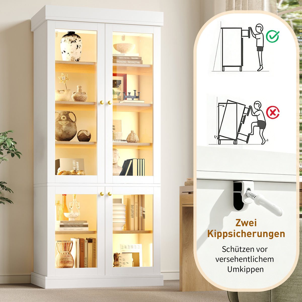 Odikalo Vitrine Vitrineschrank Glasvitrine mit LED (durchdachter Innenaufteilung und Kippschutz, stabil, sicher und vielseitig für Zuhause) 80×40×180cm – Bild 4 von 5