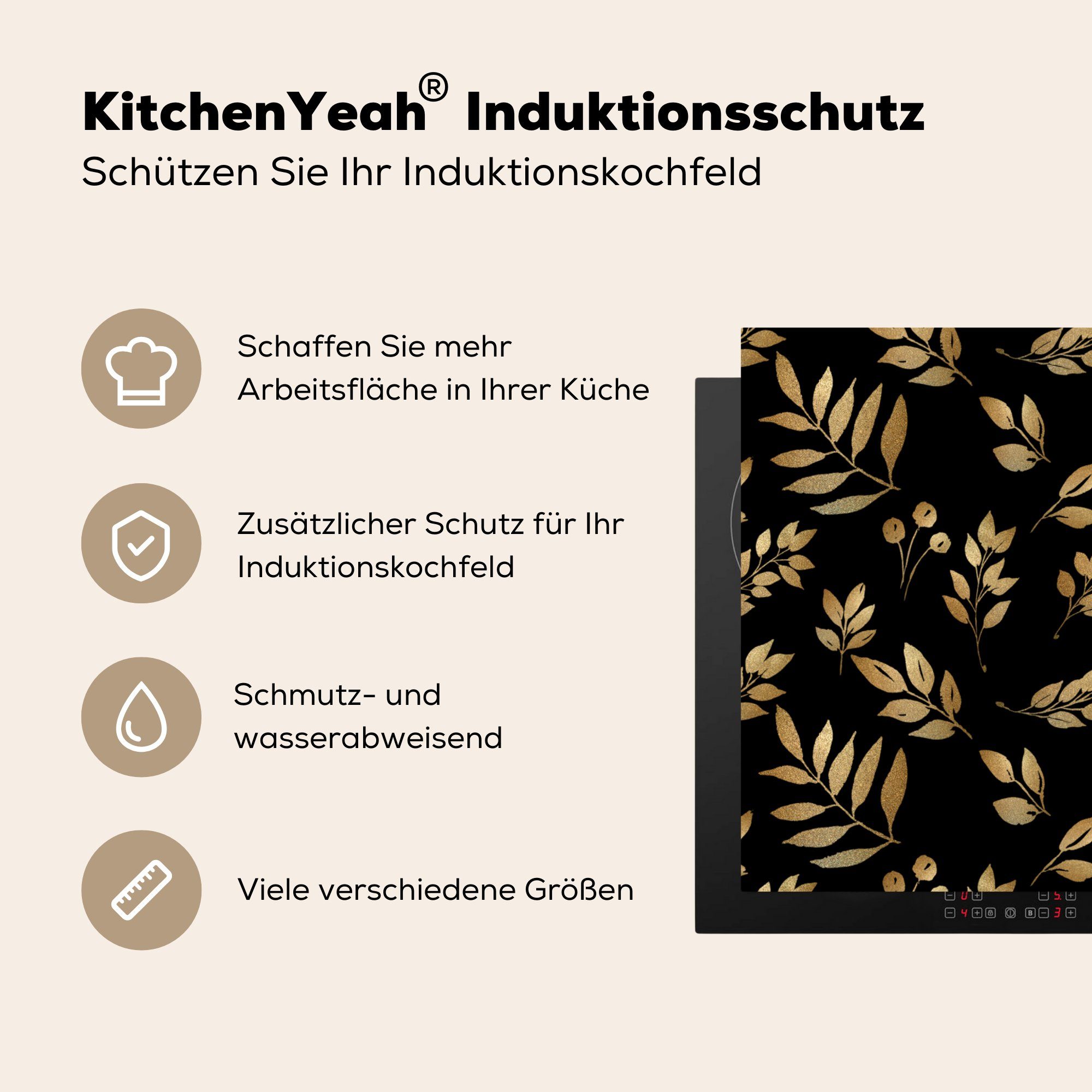 Muster - für küche cm, Blatt Vinyl, MuchoWow Herdblende-/Abdeckplatte Ceranfeldabdeckung, (1 - tlg), Arbeitsplatte Gold, 78x78