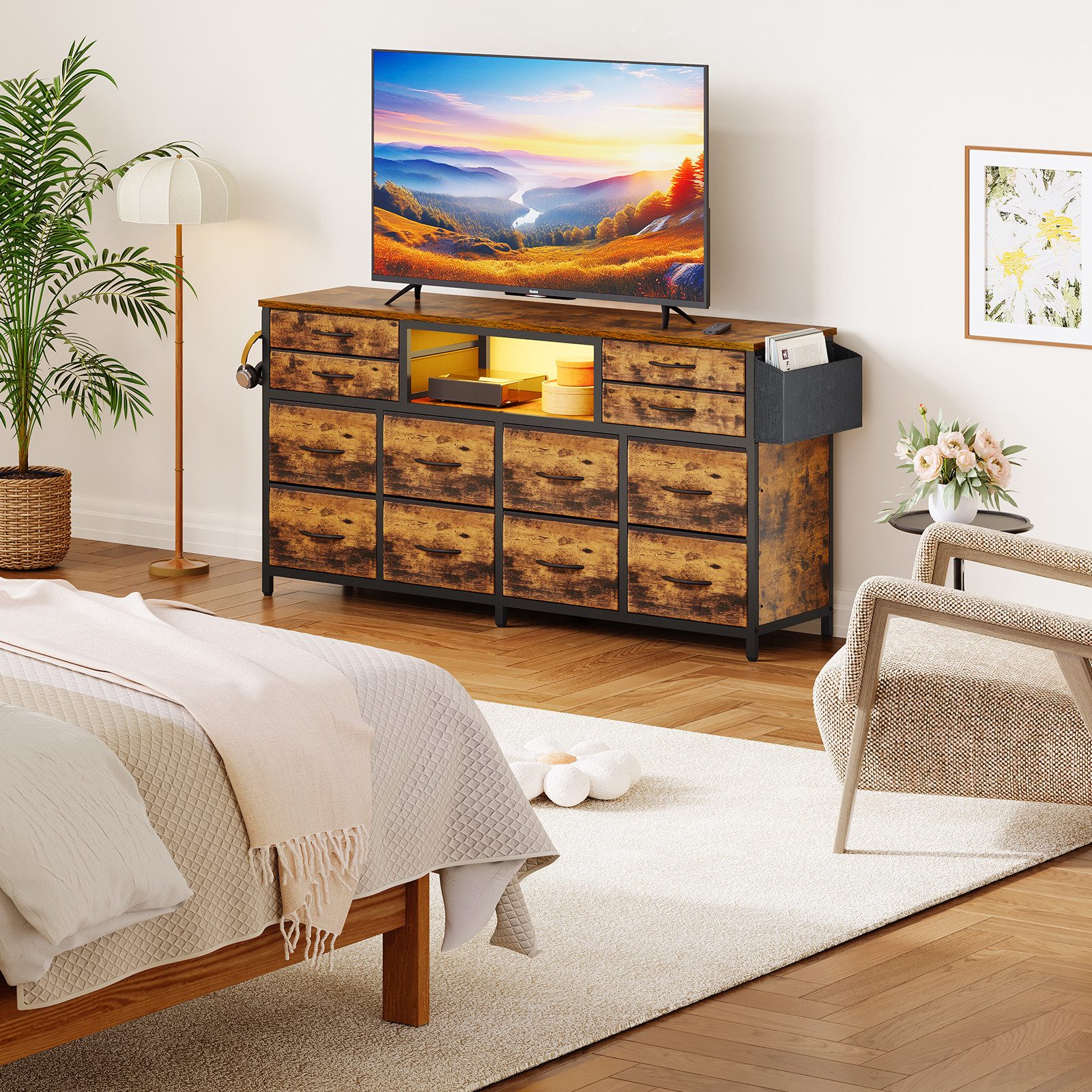 Dripex Lowboard TV Schrank für Fernseher mit LED und Schubladen und offenen Regalen, mit RGB LED Beleuchtung