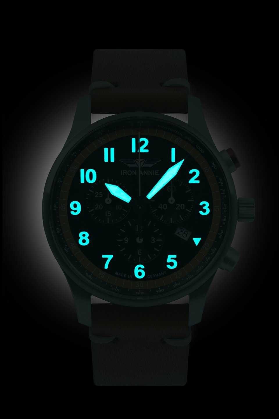 IRON ANNIE Chronograph F13 Tempelhof – Quarzuhr Herrenarmbanduhr mit Lederband, 5688-5, 42 mm, Made in Germany