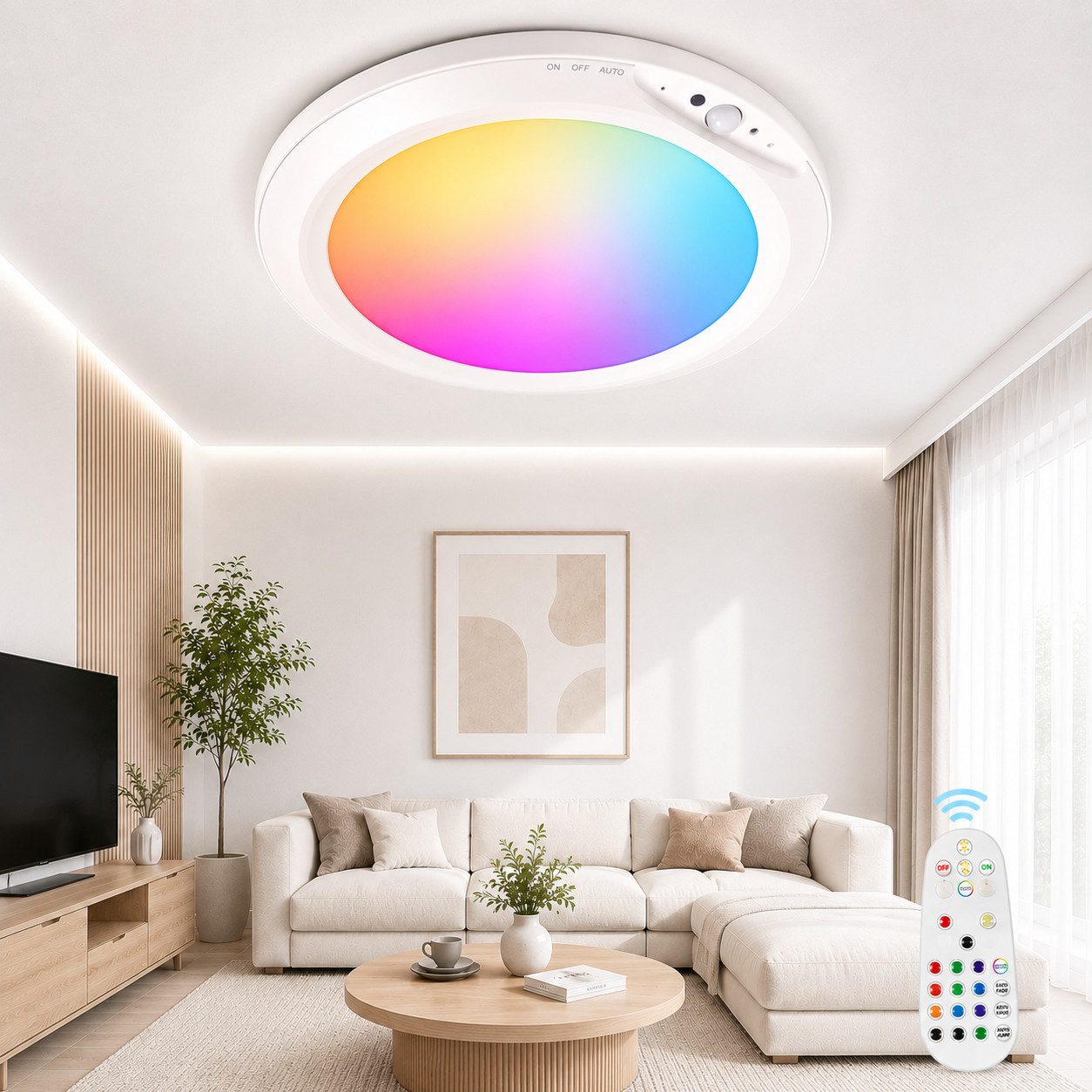 pedete Deckenleuchte LED Deckenleuchte Akku RGB Deckenleuchte Flach Rund Ø20CM 4200 mAh, LED fest integriert, mit Bewegungsmelder, 6500K RGB, deckenlampe bunt, akku deckenleuchte, deckenlampe ohne bohren, für Schlafzimmer Küche Keller Balkon Büro Wohnzimmer