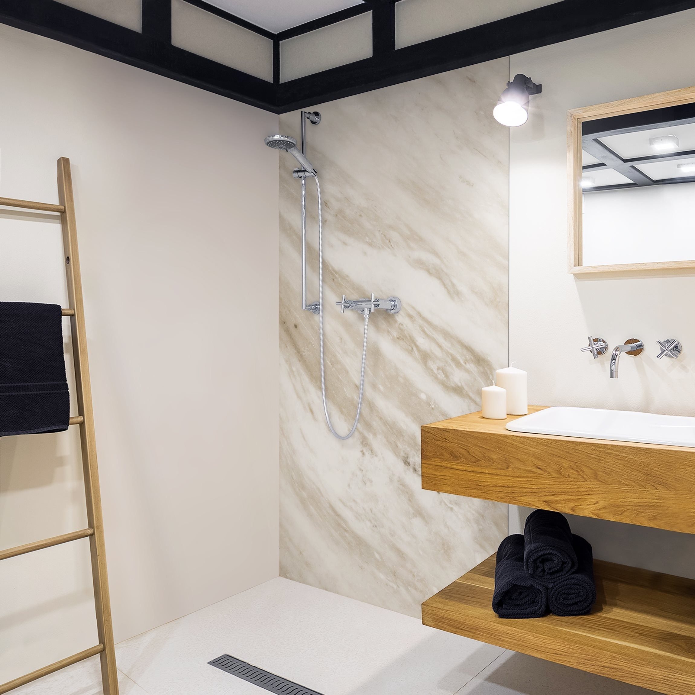 Bilderdepot24 Duschrückwand Marmor beige Duschrückwand ohne Bohren Dusche Steinoptik, (1-tlg., 0,61 mm starke Folie selbstklebend Wandpaneele Dusche versch. Größen), fugenlose & wasserfeste Motiv Rückwand Wandverkleidung für Duschkabine