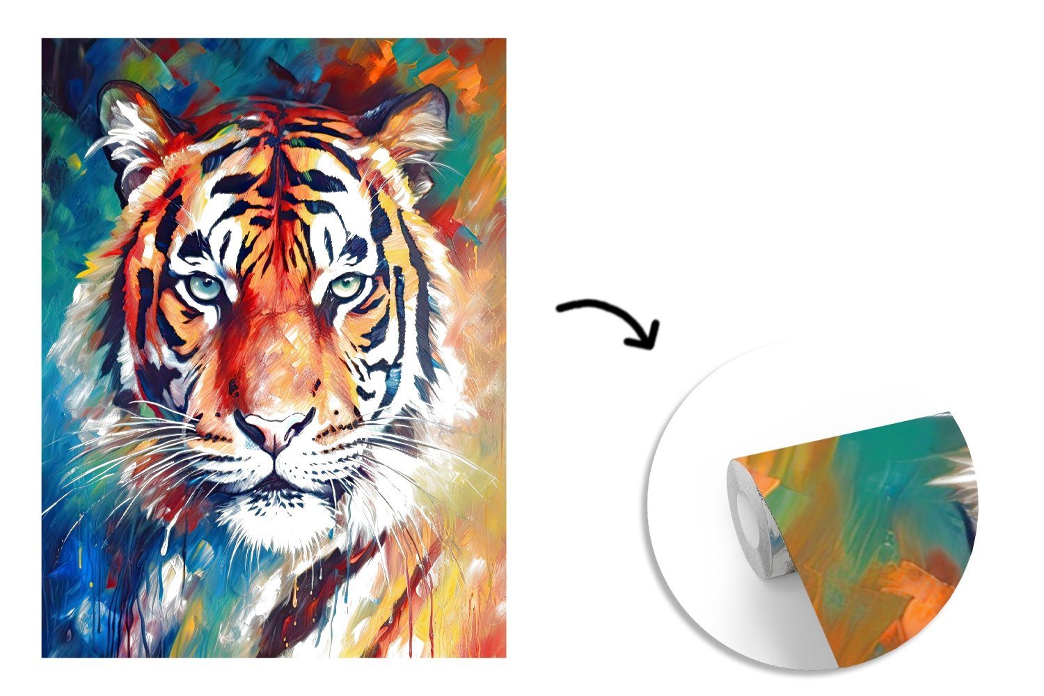 MuchoWow Fototapete Tiger - - St), Kunst, Matt, bedruckt, Wandtapete Ölgemälde Tiere Tapete Vinyl für Wohnzimmer, (4 - Montagefertig