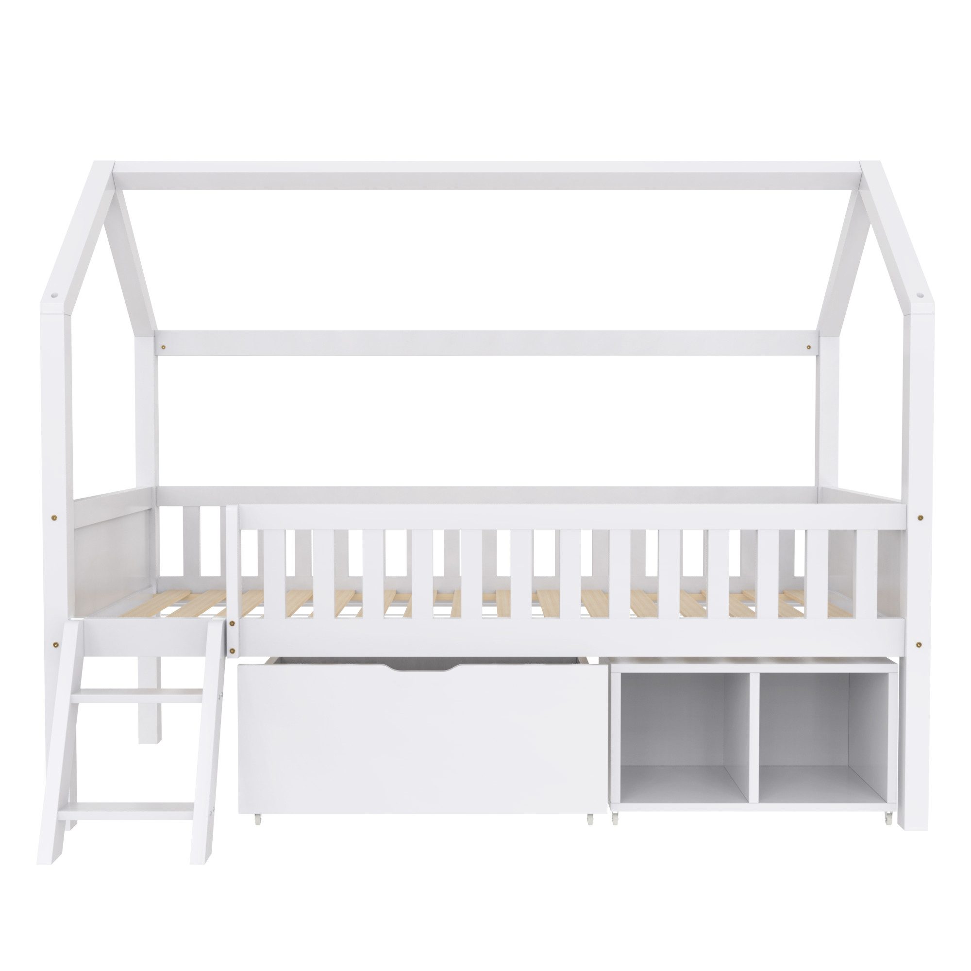 Flieks Hochbett Hausbett Kinderbett mit Stauraumfächern 90x200cm Kiefer – Bild 5 von 5