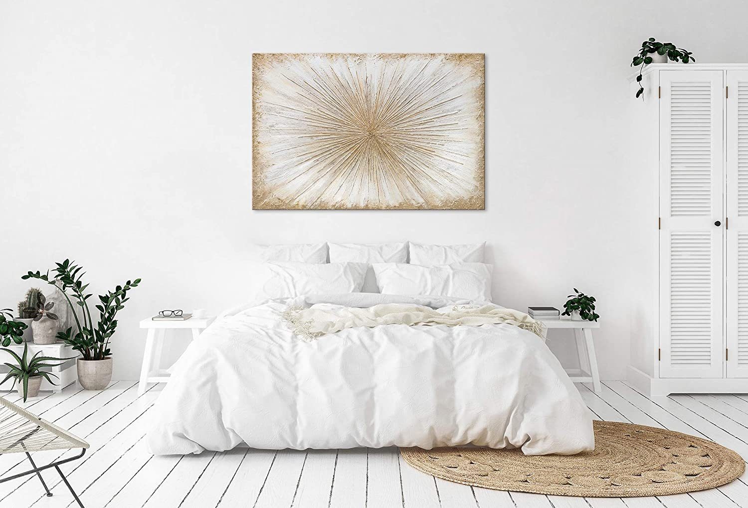 YS-Art Gemälde Sonnenstrahlen, Abstrakte Bilder, Weiß Gold Handgemalt Abstraktes Bild Leinwand