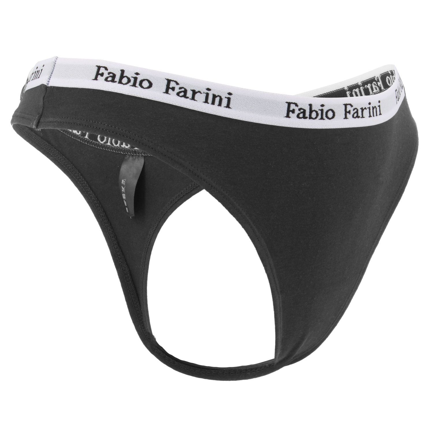 Fabio Farini String Damen Unterhosen (Packung, - sportlichen mit Tanga Baumwolle im Look Frauen Designerbündchen 6-St) Schwarz aus