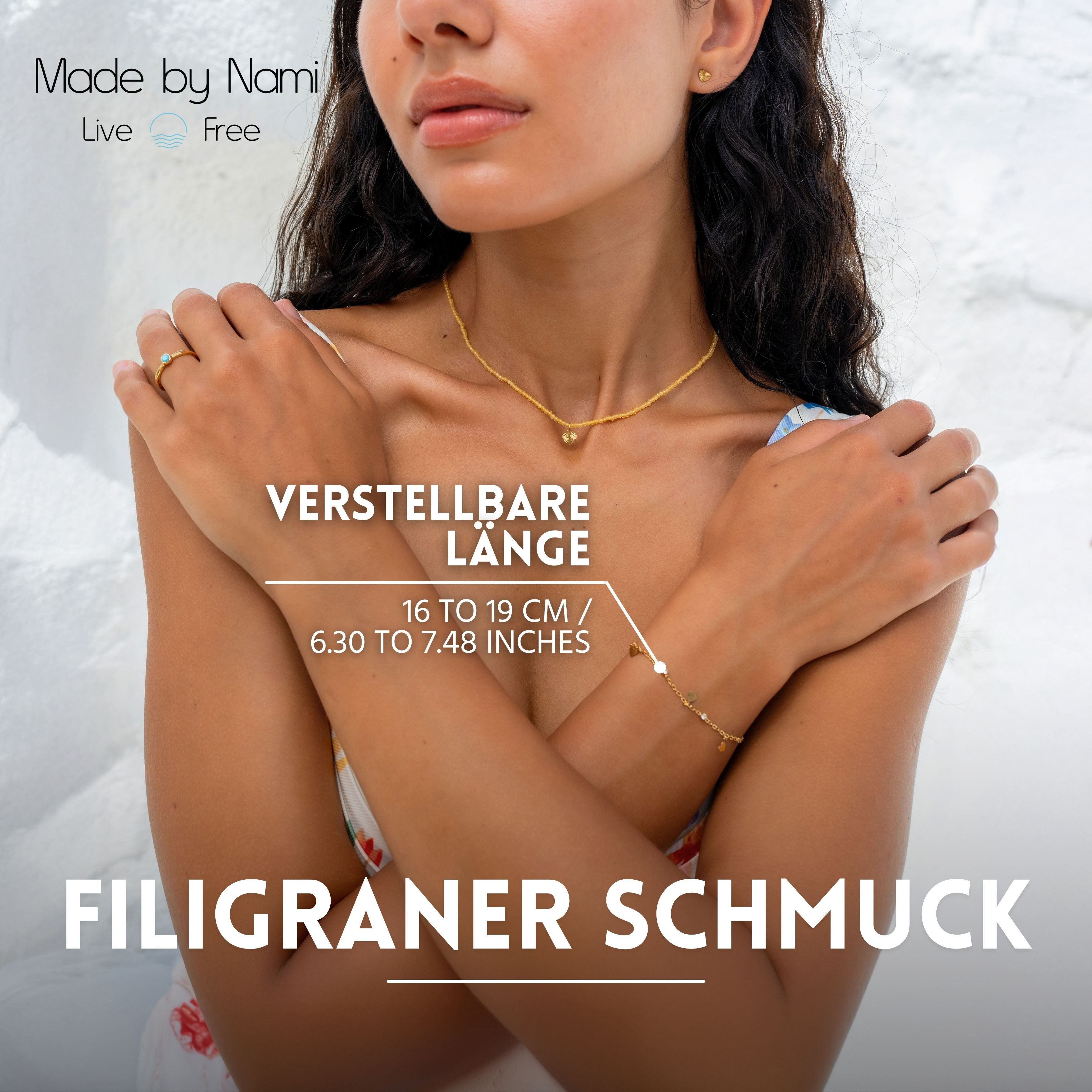 Made by Nami Edelstahlarmband Filigranin Gold oder Silber mit Herz Anhänger mit Edelsteinen, aus Chirurgischem Edelstahl 16 + 3 cm Hypoallergen Wasserfest