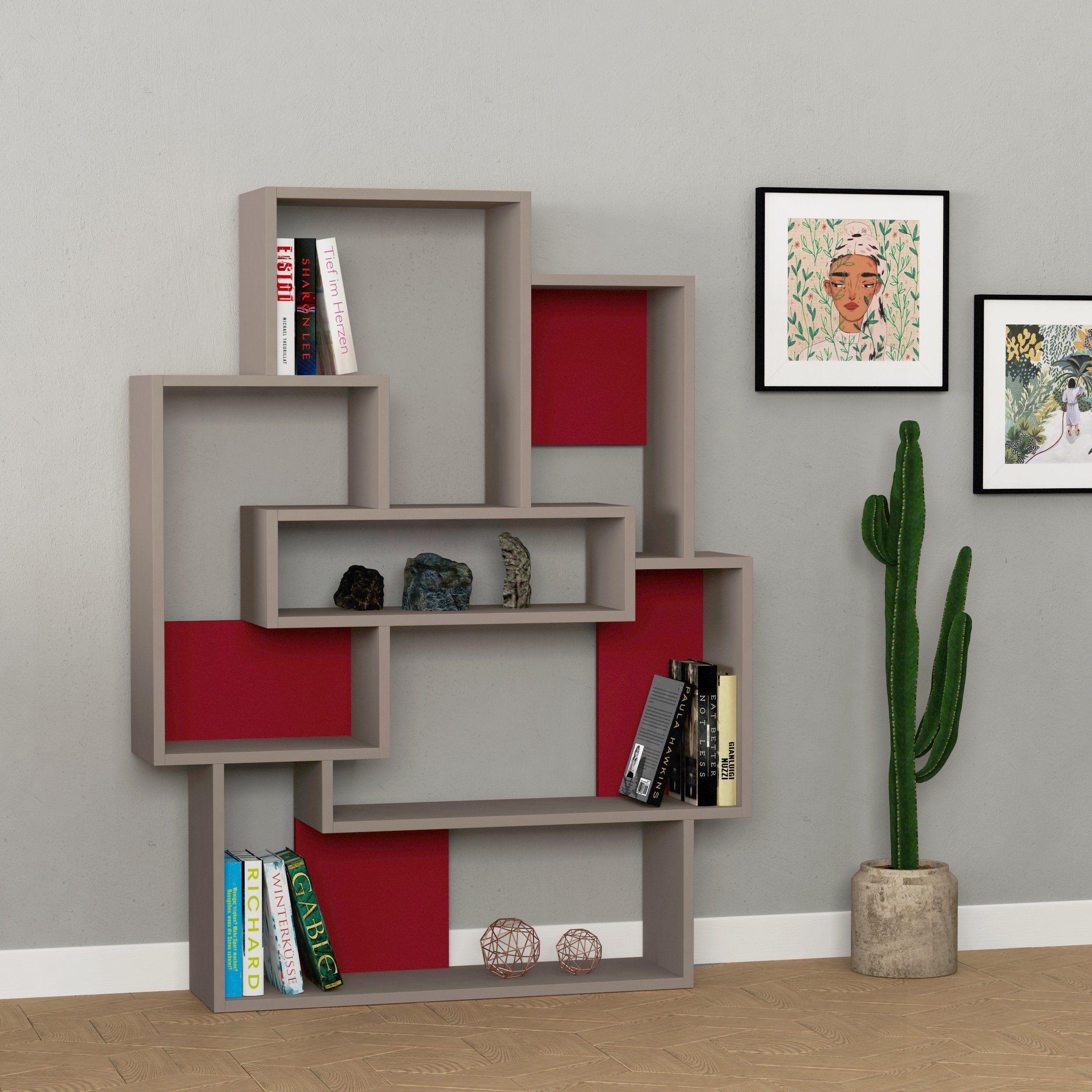 Decortie Bücherregal Barce, Modernes Bücherregal Display Unit, 101 x 22 x 132 cm Helles Mokka+Weinrot | Bücherschränke