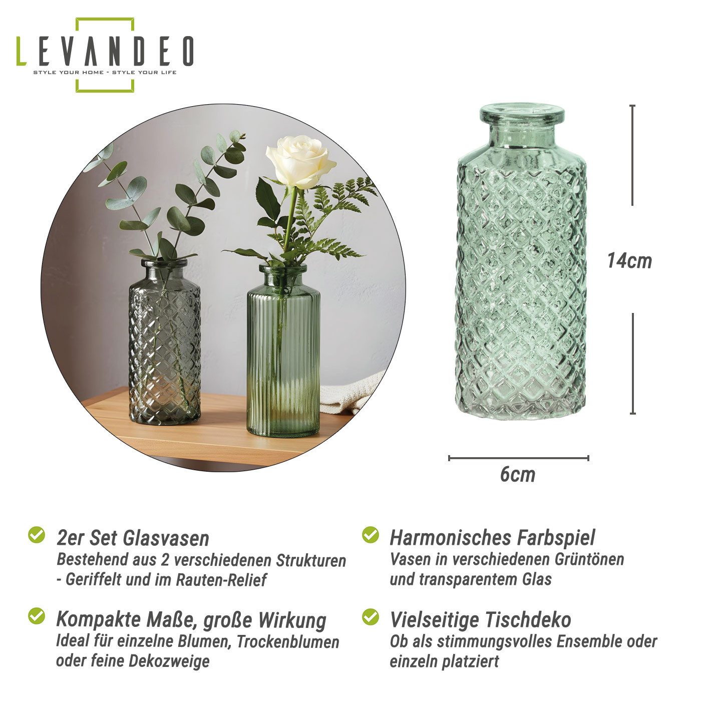 Levandeo® Dekovase, 2er Set Vase H14cm Grün Glas Blumenvase Tischdeko Frühling