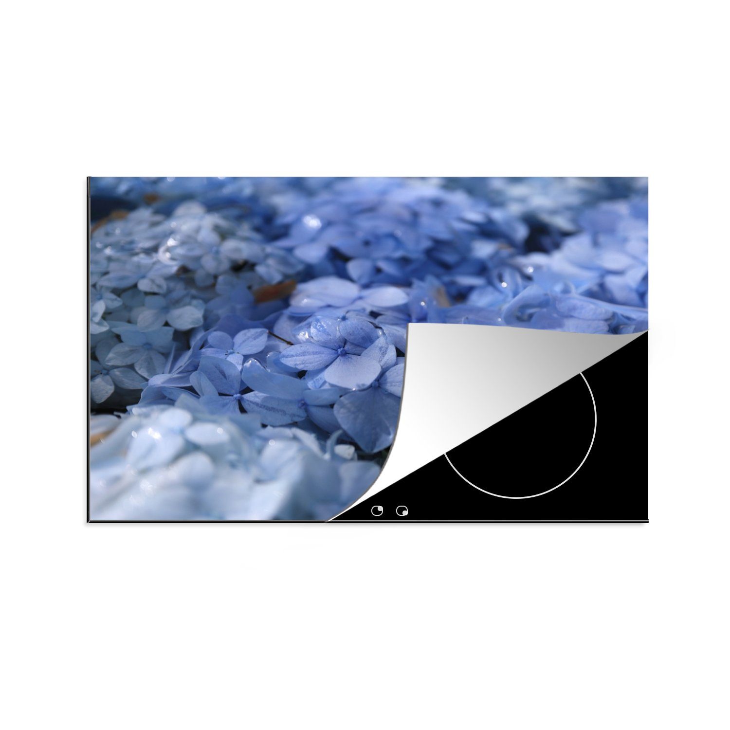 81x52 tlg), Blaue Ceranfeldabdeckung MuchoWow Schutz die mit küche, Induktionskochfeld Herdblende-/Abdeckplatte für Hortensien Wassertropfen, cm, Vinyl, (1