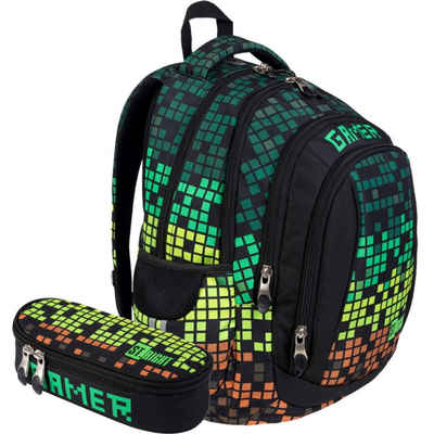 KiddiBex Schulrucksack Teenager Jungen Schulranzen ab 5. Klasse mit Brustgurt (Set, 2-tlg., Rucksack mit Federmäppchen), Rucksack Schule, Schultasche Jungen - Ergonomischer Schulranzen Gamer