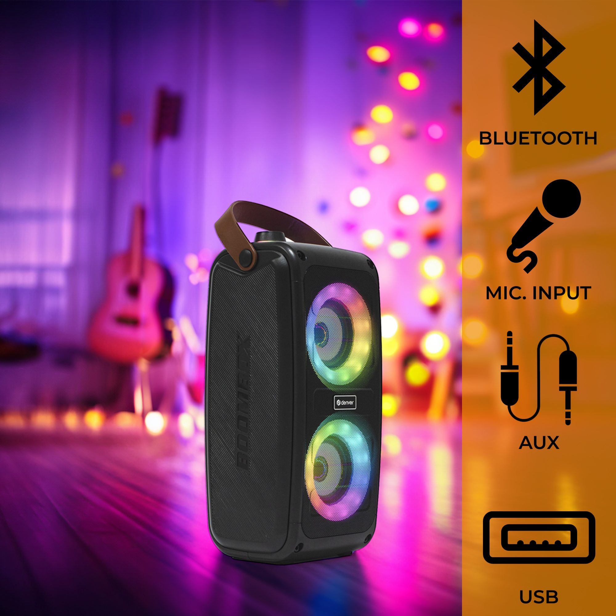 Denver BTV-230 Bluetooth-Speaker (100 W, 10m Bluetooth- Reichweite, LED Lichteffekte, Karaoke-Option)