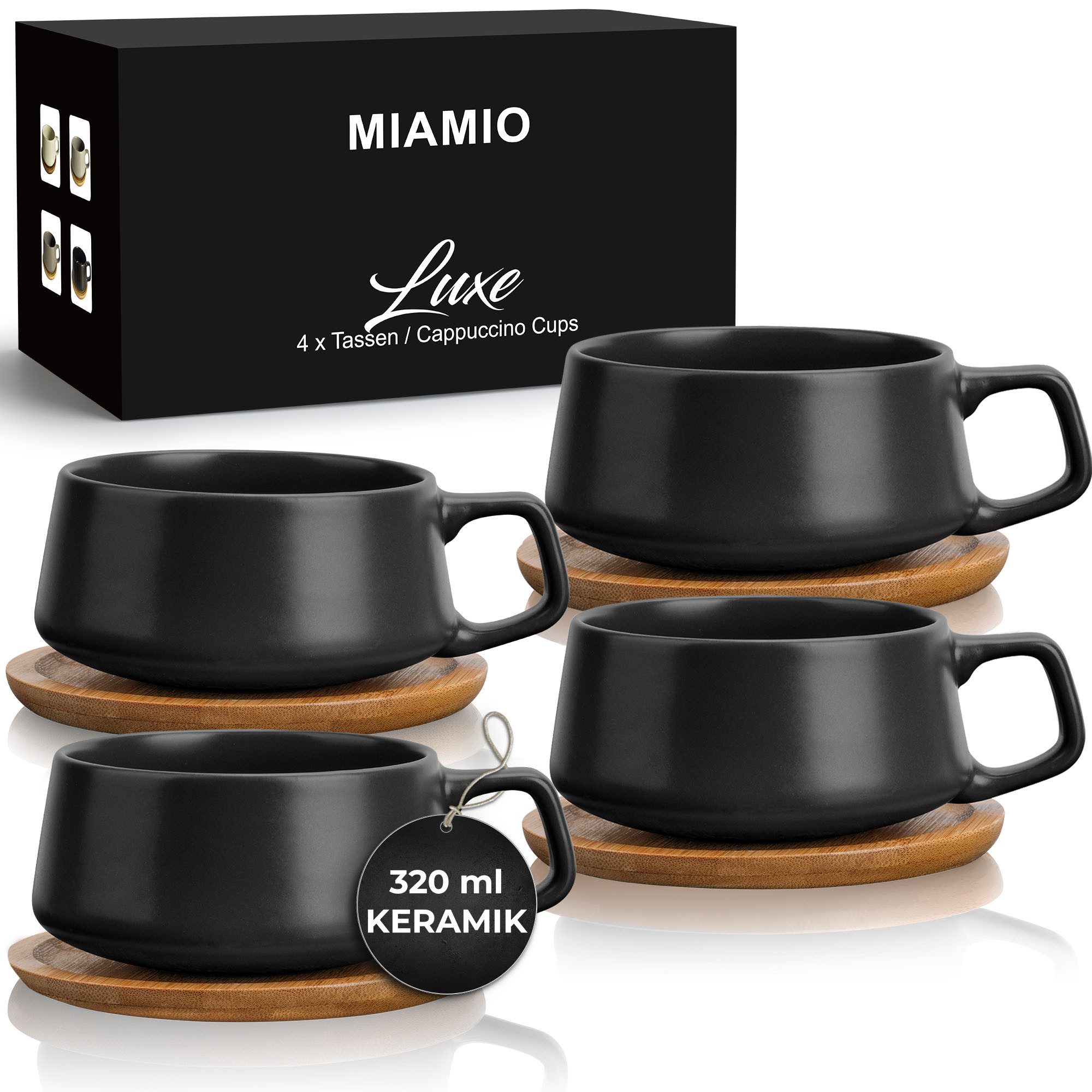 Cappuccinotasse 4 x 320 ml Cappuccinotassen Set, Cappuccino Tassen (Schwarz)