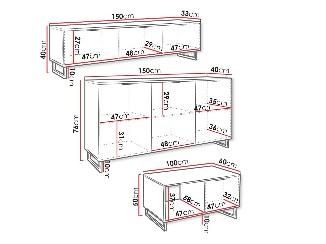 in Kommode, der Couchtisch), TV-Lowboard, (3er-Set, Delino II, Farbe MIRJAN24 Metallgriffe Wohnzimmer-Set Weiß schwarz