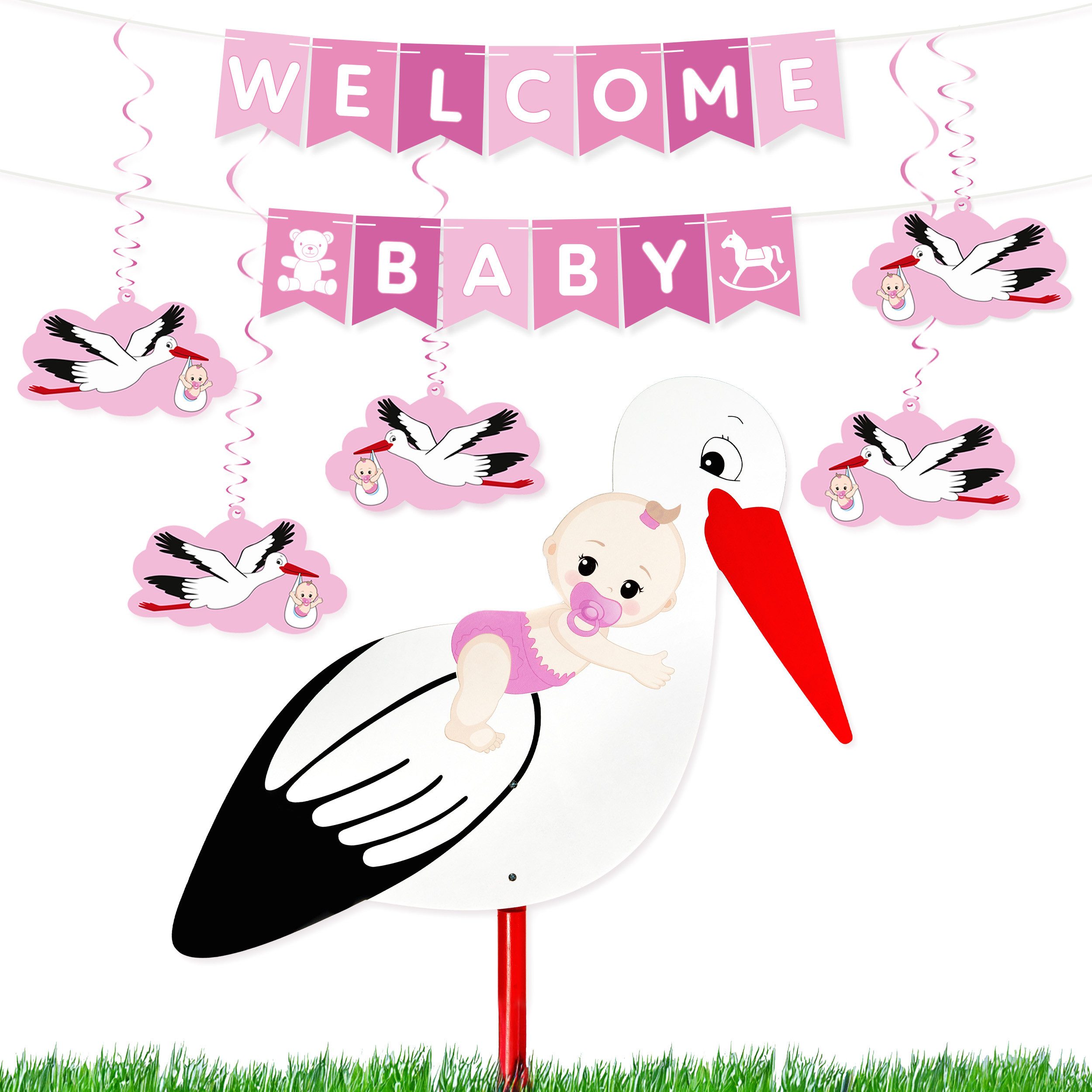 Girlande Welcome Baby Girlande + Großer Storch aus Holz für Jungen und Mädchen