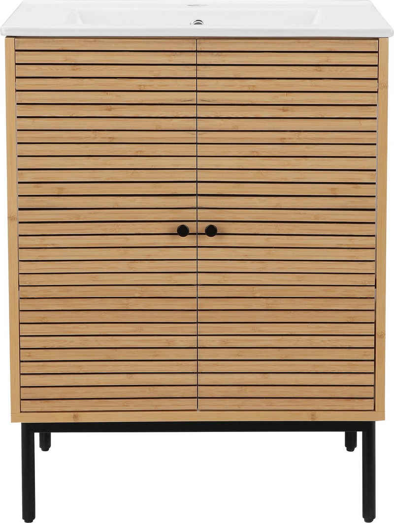 andas Waschtisch Bali Badschrank mit Waschbecken, Waschplatz aus Bambus mit 2 Türen, Breite 60cm Natur