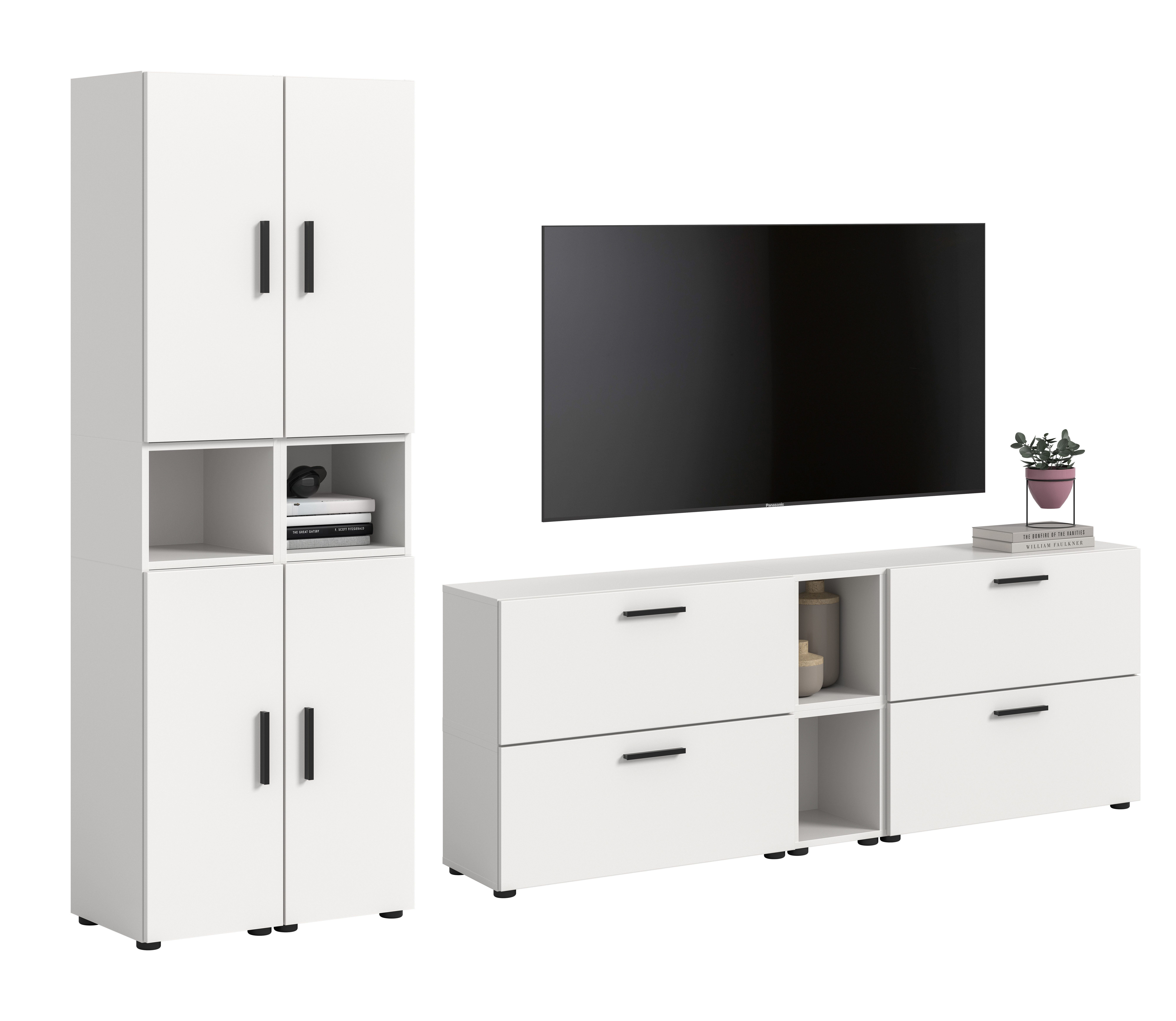 furnling Wohnzimmer-Set Onea, (12-St), 4 Klappen, 4 Türen, 4 offene Fächer, Breite 259 cm, weiß