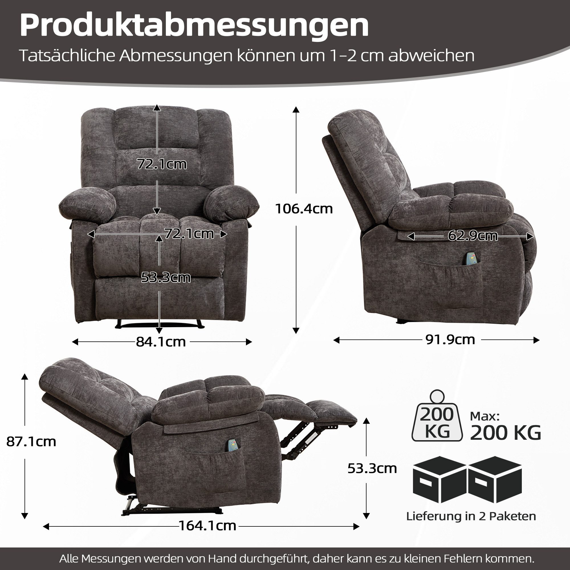 CANMOV Relaxsessel verstellbarer Massagesessel mit Liegefunktion und Wärmefunktion, Ergonomisch Lesesessel mit Seitentasche, 90°-160° – Bild 2 von 5