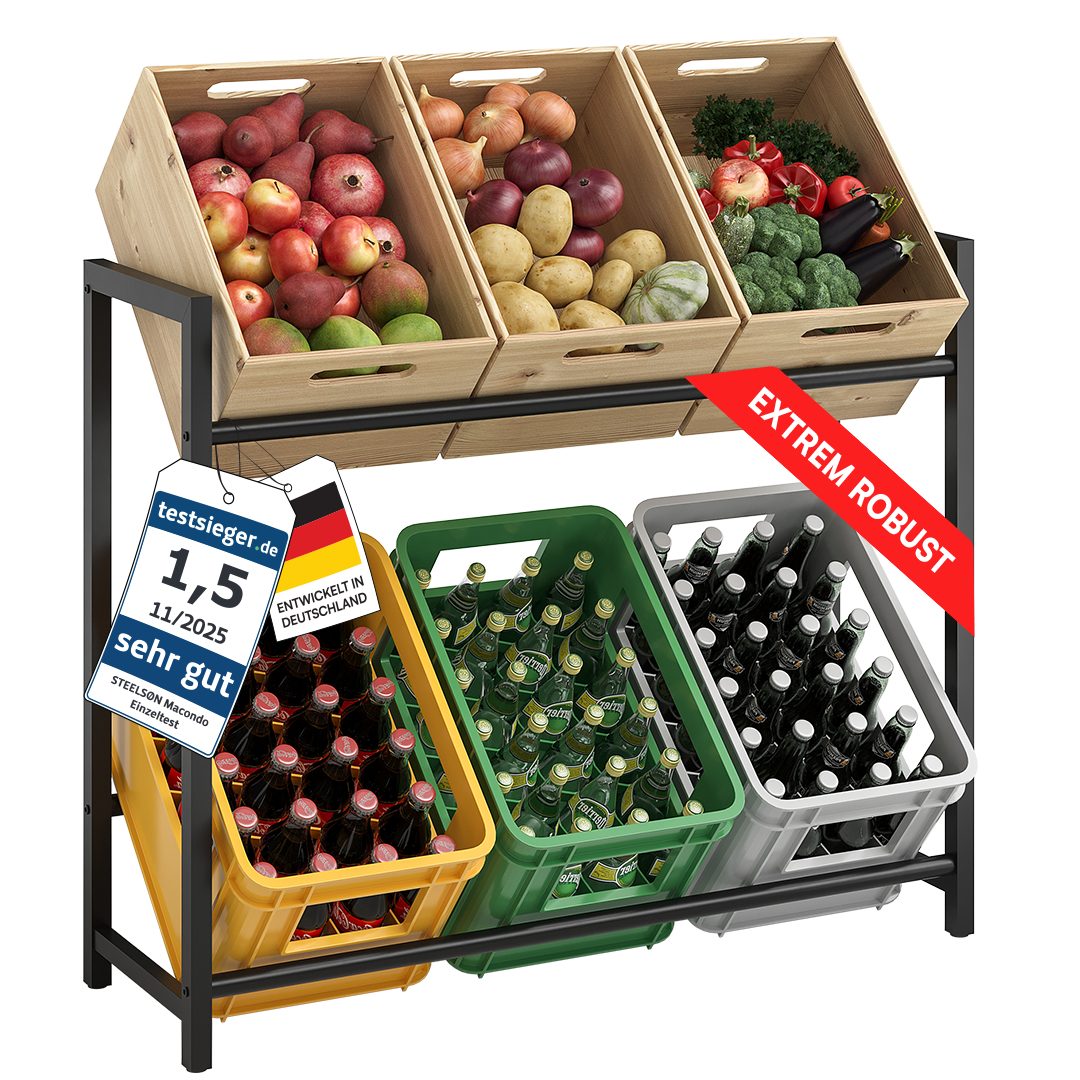 STEELSØN Flaschenregal Macondo aus Metall, Getränkekistenregal schwarz, für 6 Kisten, auch verfügbar für 4 Kisten & mit Ablage