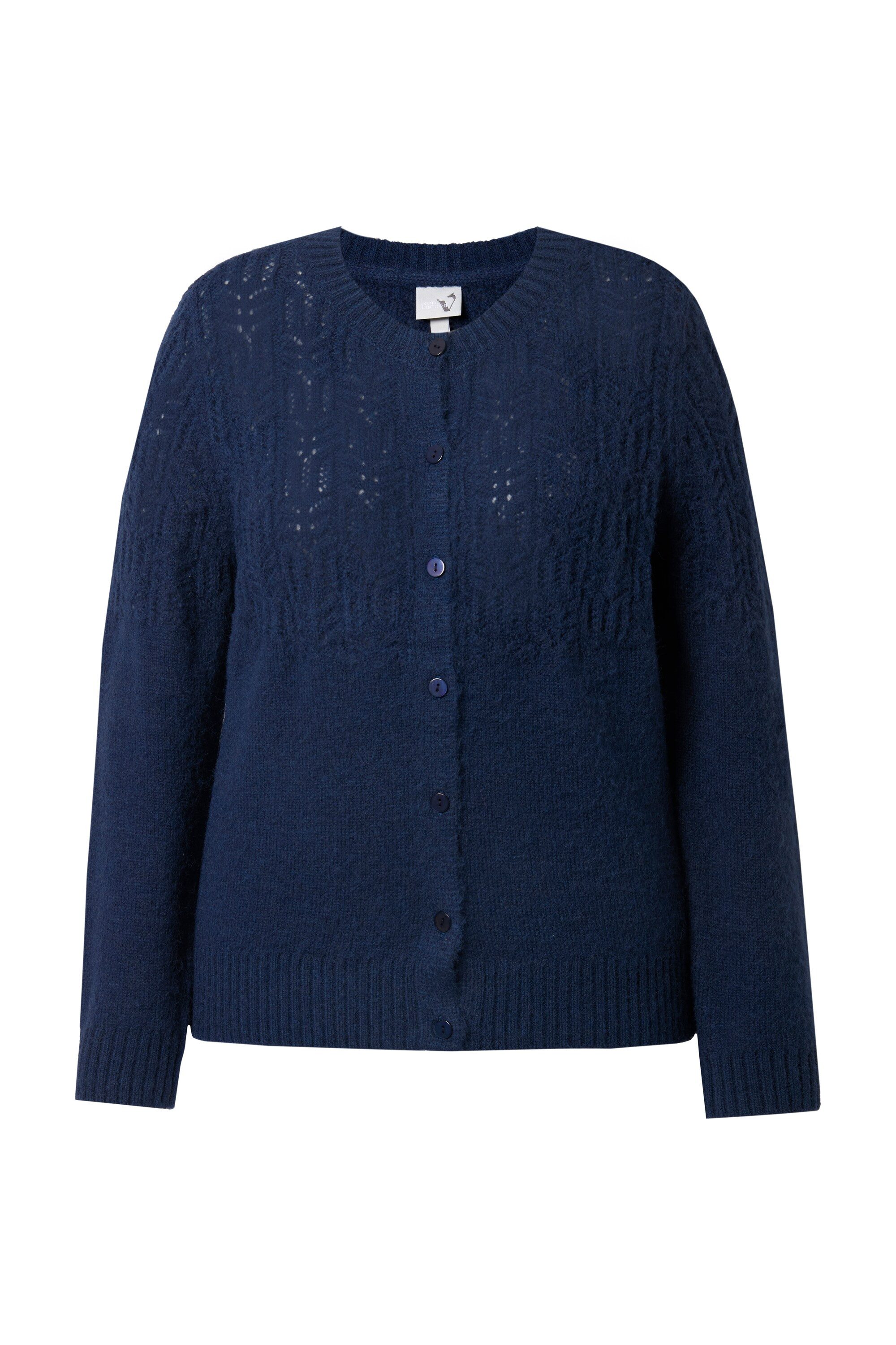 Ulla Popken Strickjacke Strickjacke Ajourmuster Rundhals Langarm