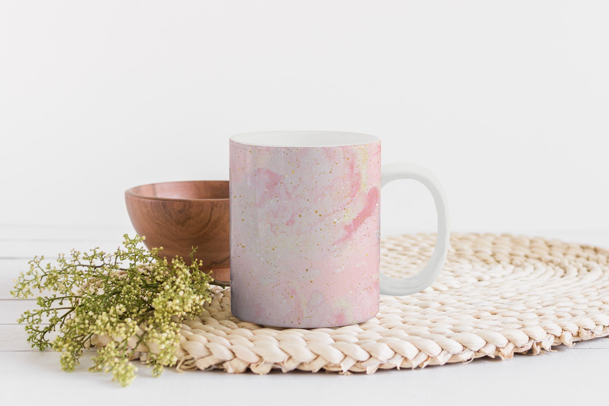 MuchoWow Tasse Marmor - Rosa - Keramik, Teetasse, - Teetasse, Kaffeetassen, Geschenk - Gold Glitter Muster, Becher