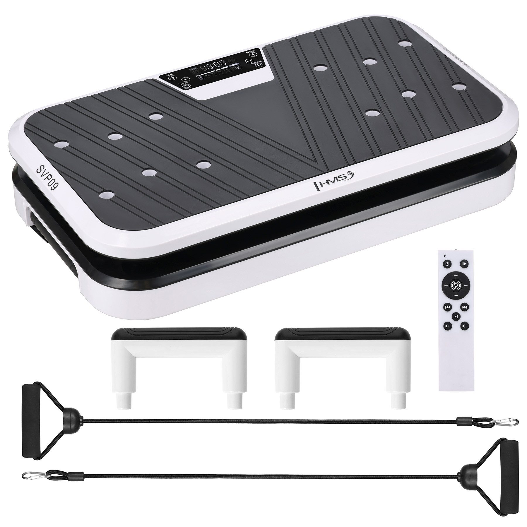 HMS Liegestützbrett Vibrationsplatte Ganzkörpertrainer Fitnesstrainer (Spar-Set, 1-St., 60x35x15 cm kompakt), Bluetooth, 5 Programme, Widerstandsbänder, Fernbedienung