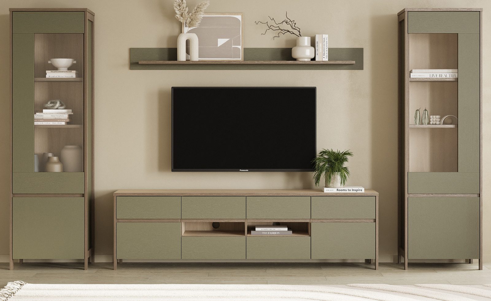 Furn.Design Wohnwand Finnes, (Schrankwand in Salbei mit Skandi Eiche, 4-teilig, 340 x 195 cm), Türen und Schubladen mit Soft-Close