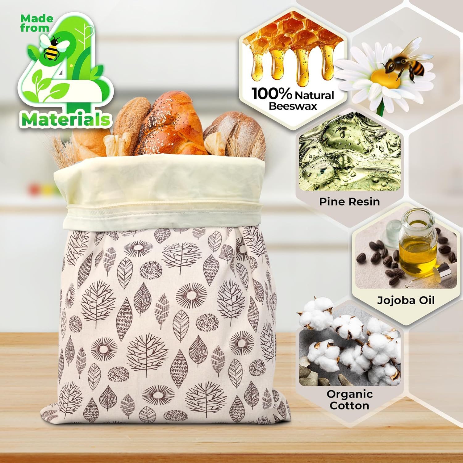 FELIXLEO Brottasche Bienenwachs Brotbeutel 43x33cm Wiederverwendbar 2er., (1-tlg) – Bild 4 von 5