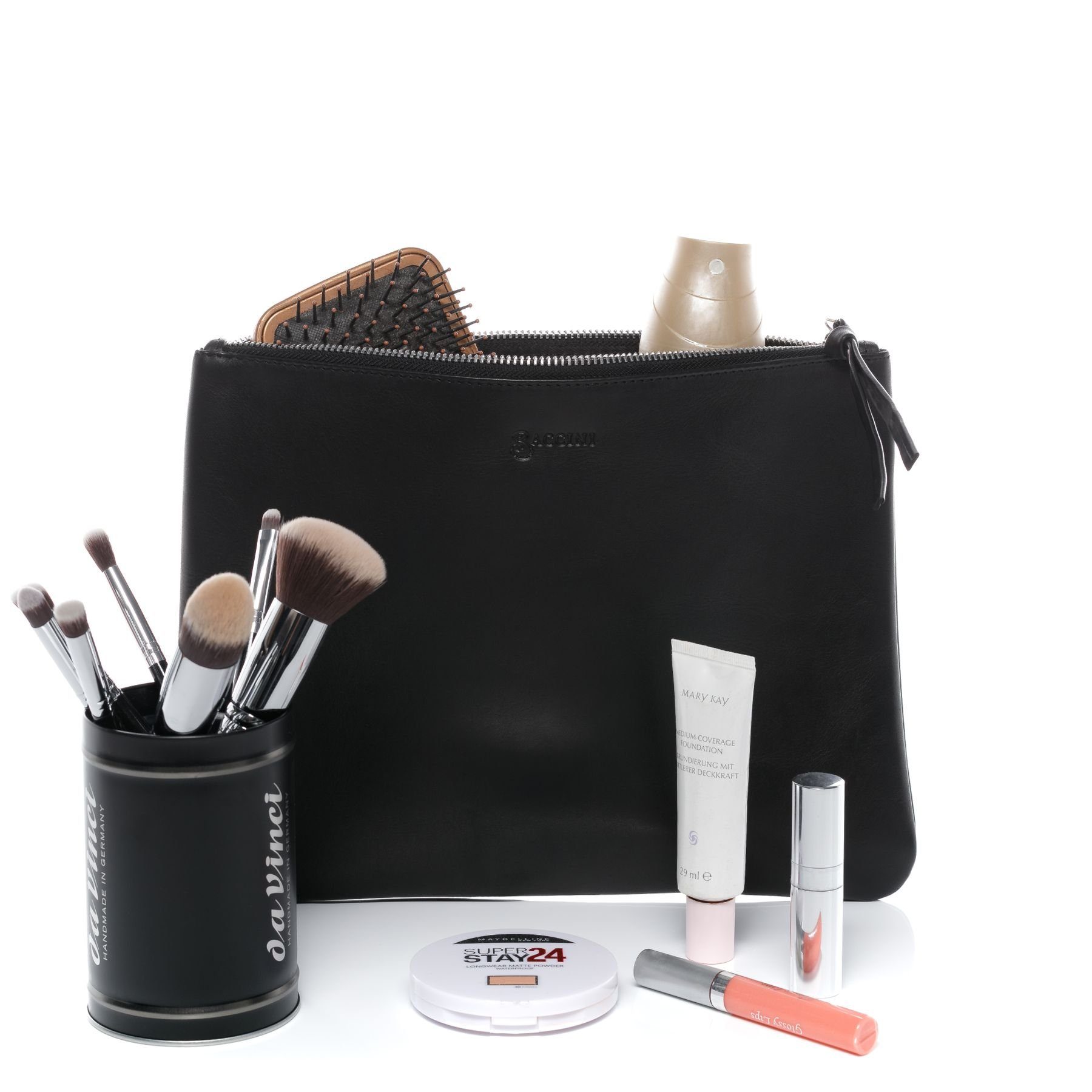 BACCINI Kosmetiktasche echt Leder Kosmetiktasche groß Ledertasche 30_cm MEL, Schminktasche echt Leder Damen, Kosmetiktäschchen Make-Up schwarz