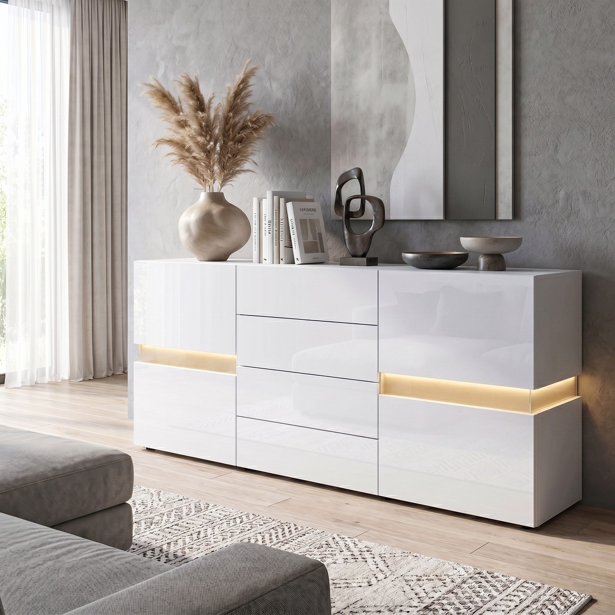 Vladon Sideboard Flow (Kommode mit Ambient Light Verglasung, mit 2 Türen, je 2 Fächer dahinter und 4 Schubladen), Weiß matt/Weiß Hochglanz, inkl. LED-Beleuchtung (177 x 75 x 39 cm)