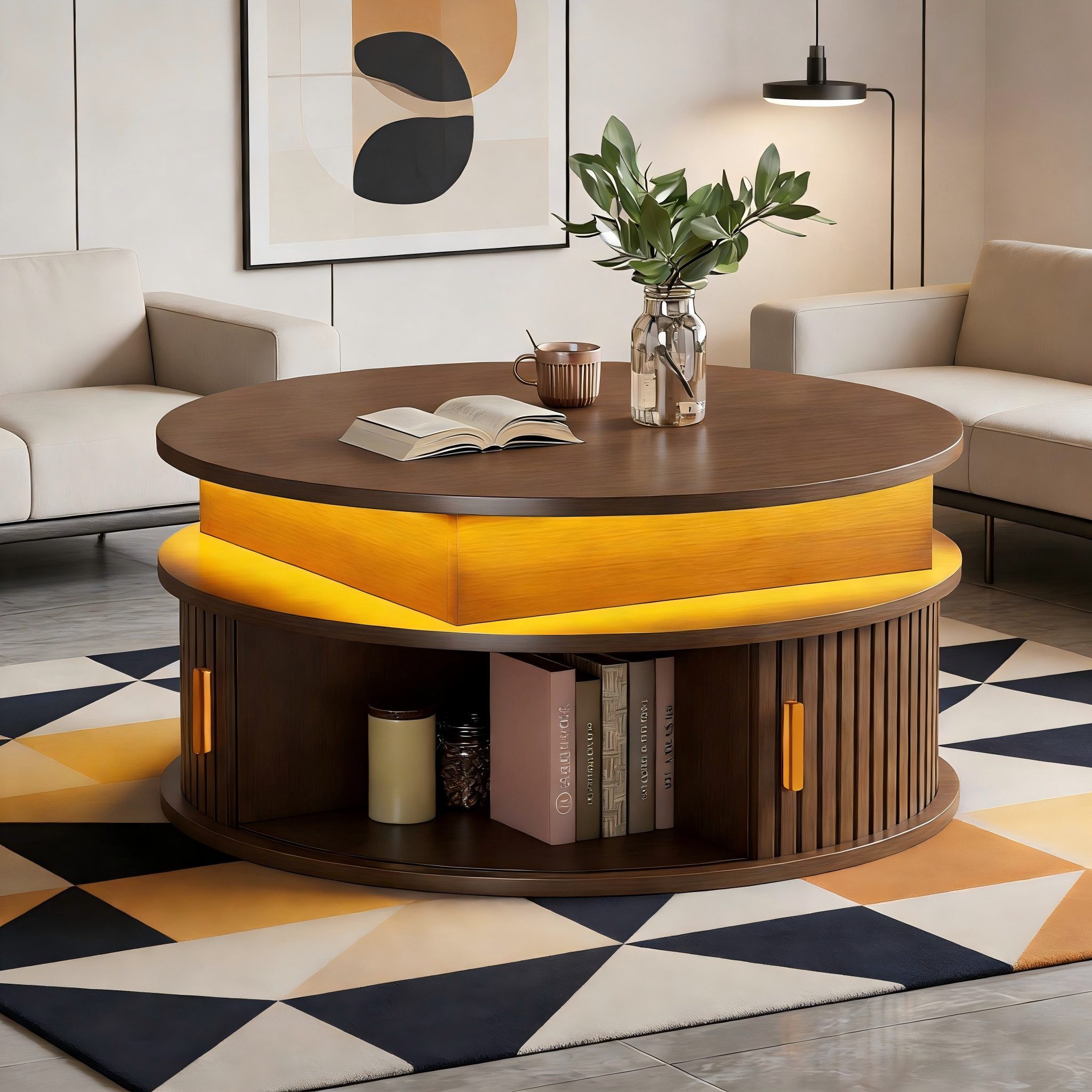 Merax Couchtisch hochglanz Sofatisch höhenverstellbar Beistelltisch mit LED-Beleuchtung (Versteckter Stauraum & Höhenverstellbare Tischplatte, 1-St), Runder Wohnzimmertisch mit 2 Rollladentüren & Stauraum, 75x75x52cm