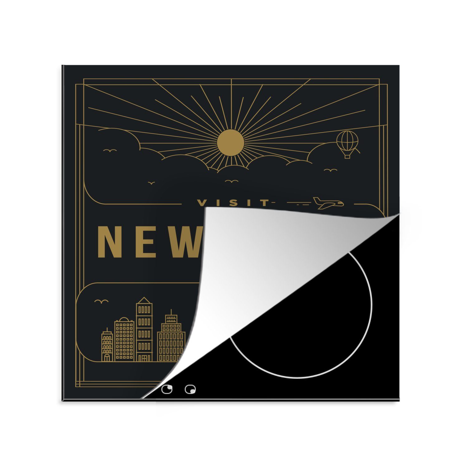 MuchoWow Herdblende-/Abdeckplatte New York - Skyline - Schwarz - Flugzeug, Vinyl, (1 tlg), 78x78 cm, Ceranfeldabdeckung, Arbeitsplatte für küche