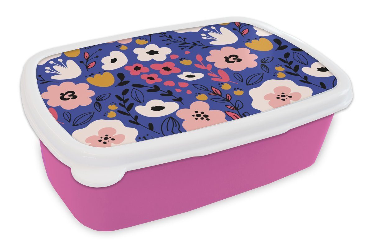 MuchoWow Lunchbox Blumen - Blätter - Muster, Kunststoff, (2-tlg), Brotbox für Erwachsene, Brotdose Kinder, Snackbox, Mädchen, Kunststoff rosa
