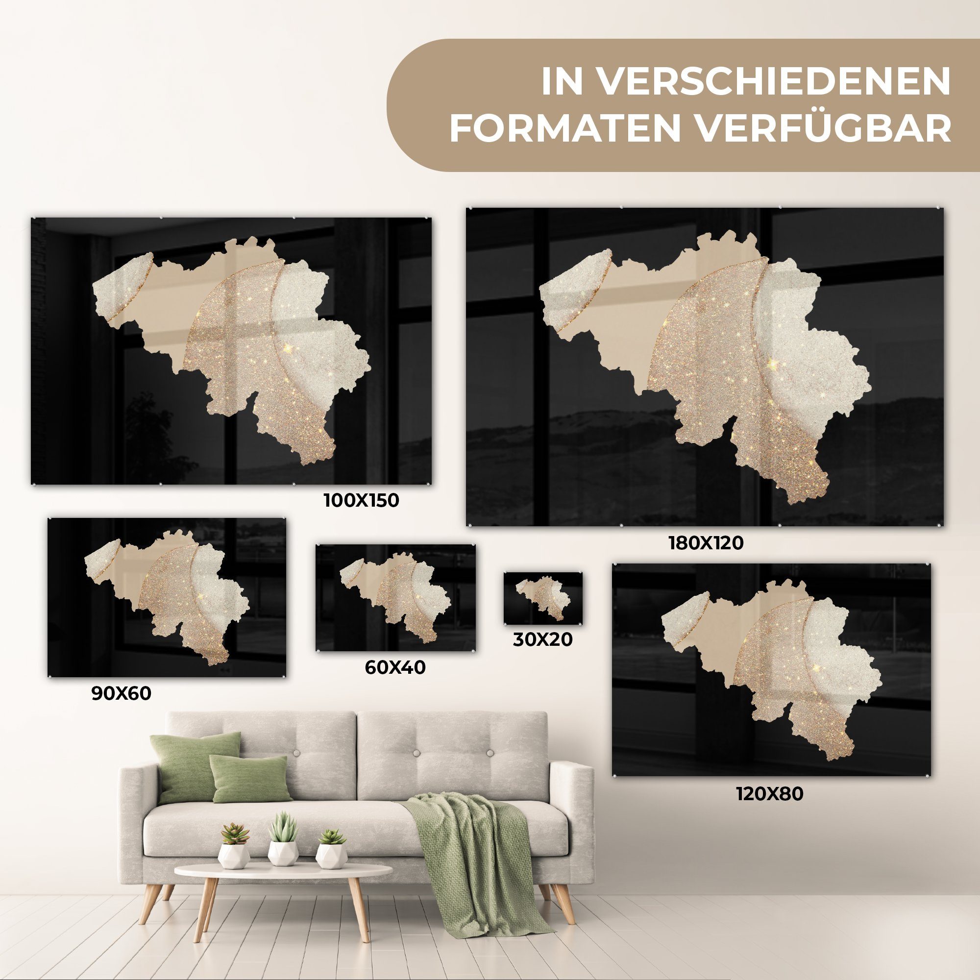 MuchoWow Acrylglasbild Karte - Belgien Glitter, Acrylglasbilder & Wohnzimmer Schlafzimmer (1 - St)