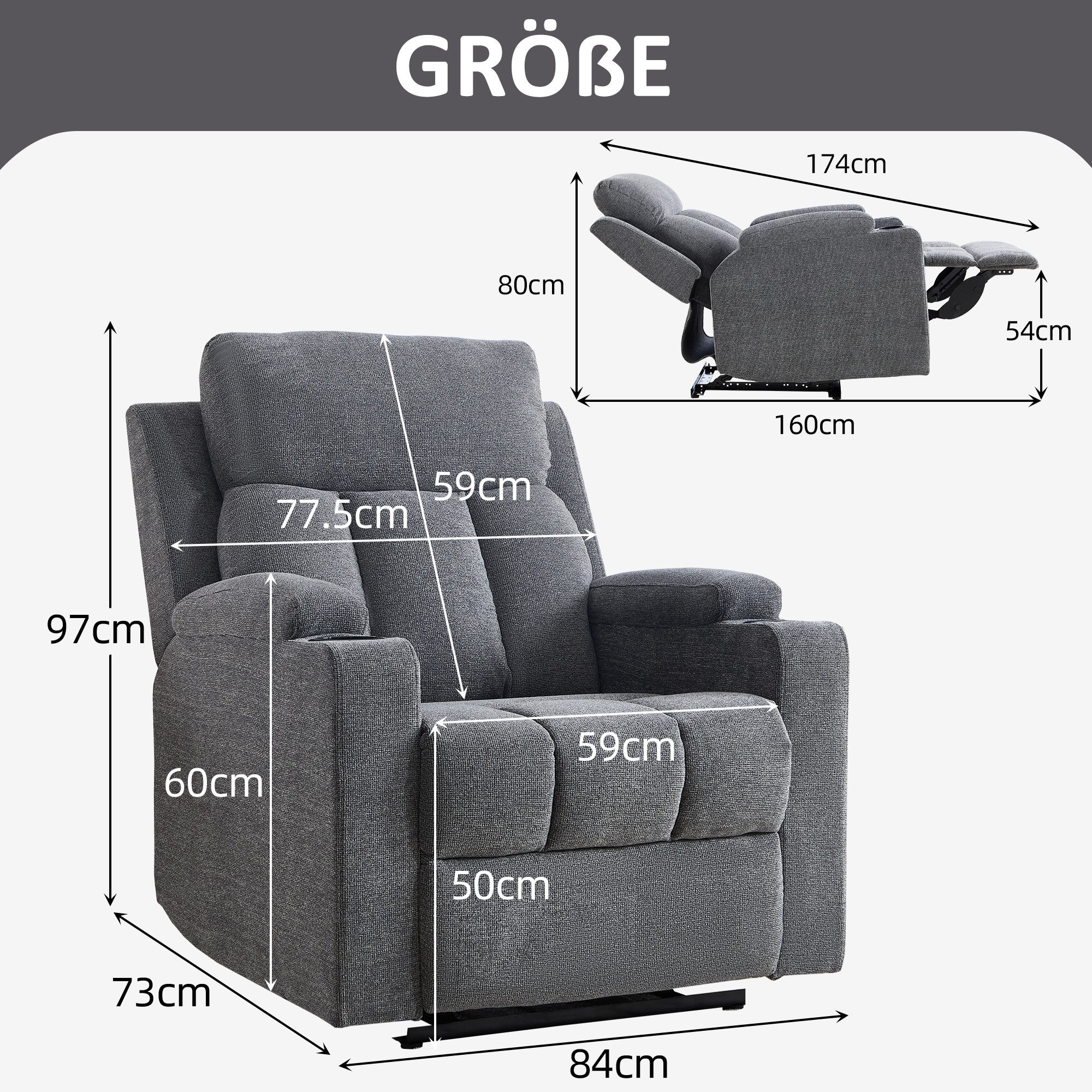 CANMOV Relaxsessel Canmov Fernsehsessel mit Liegefunktion,TV Sessel, Ruhesessel (1-St), Manueller Relaxsessel mit Verstellbarer Rückenlehne und Fußstütze