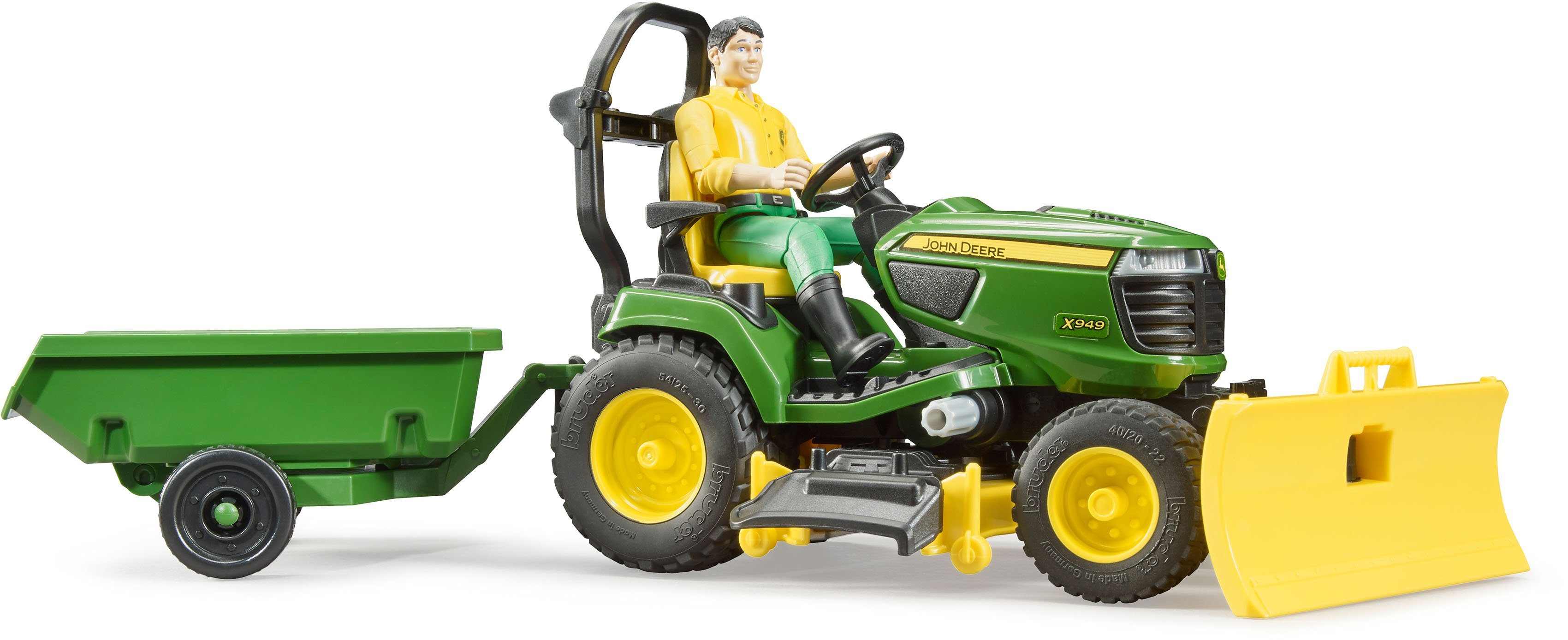 Bruder® Spielzeug-Traktor bworld John Deere Aufsitzrasenmäher mit Anhänger und Gärtner (62104), Made in Germany