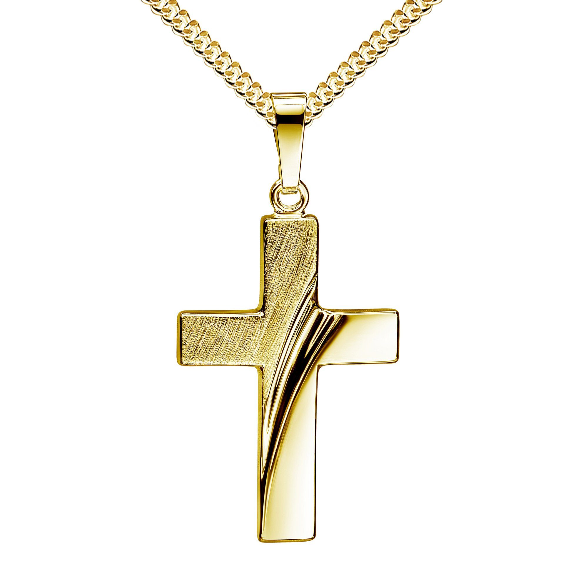 JEVELION Kreuzkette Kreuz Anhänger 585 Gold - Made in Germany (Goldanhänger, für Damen und Herren), Mit Kette vergoldet- Länge wählbar 36 - 70 cm.