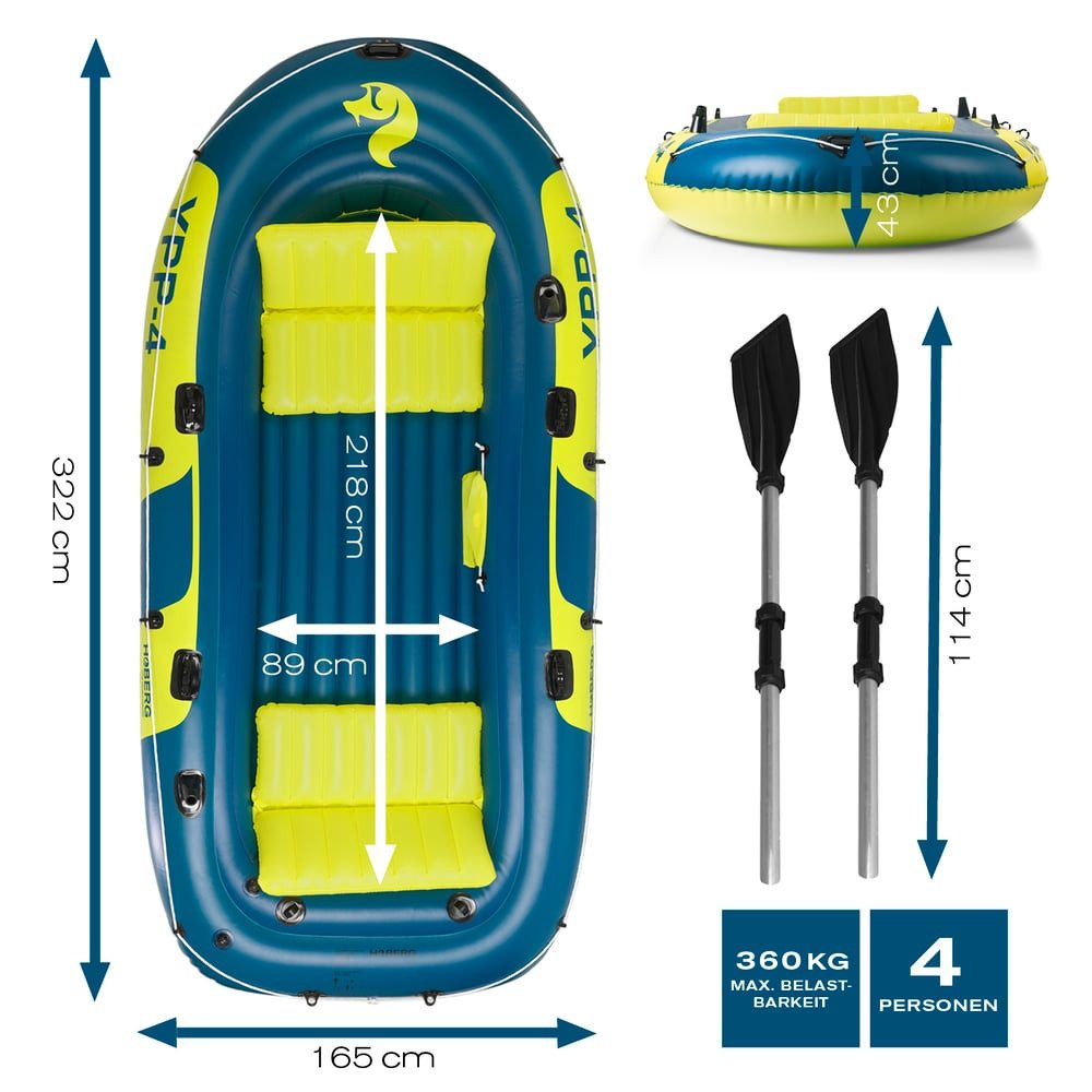 Hoberg Schlauchboot 4 Personen 2 Paddel & Pumpe YPP-4 322x165cm, (8-St), aufblasbar inkl. Reparatur-Kit, Pumpe, Handyschutz, Boje