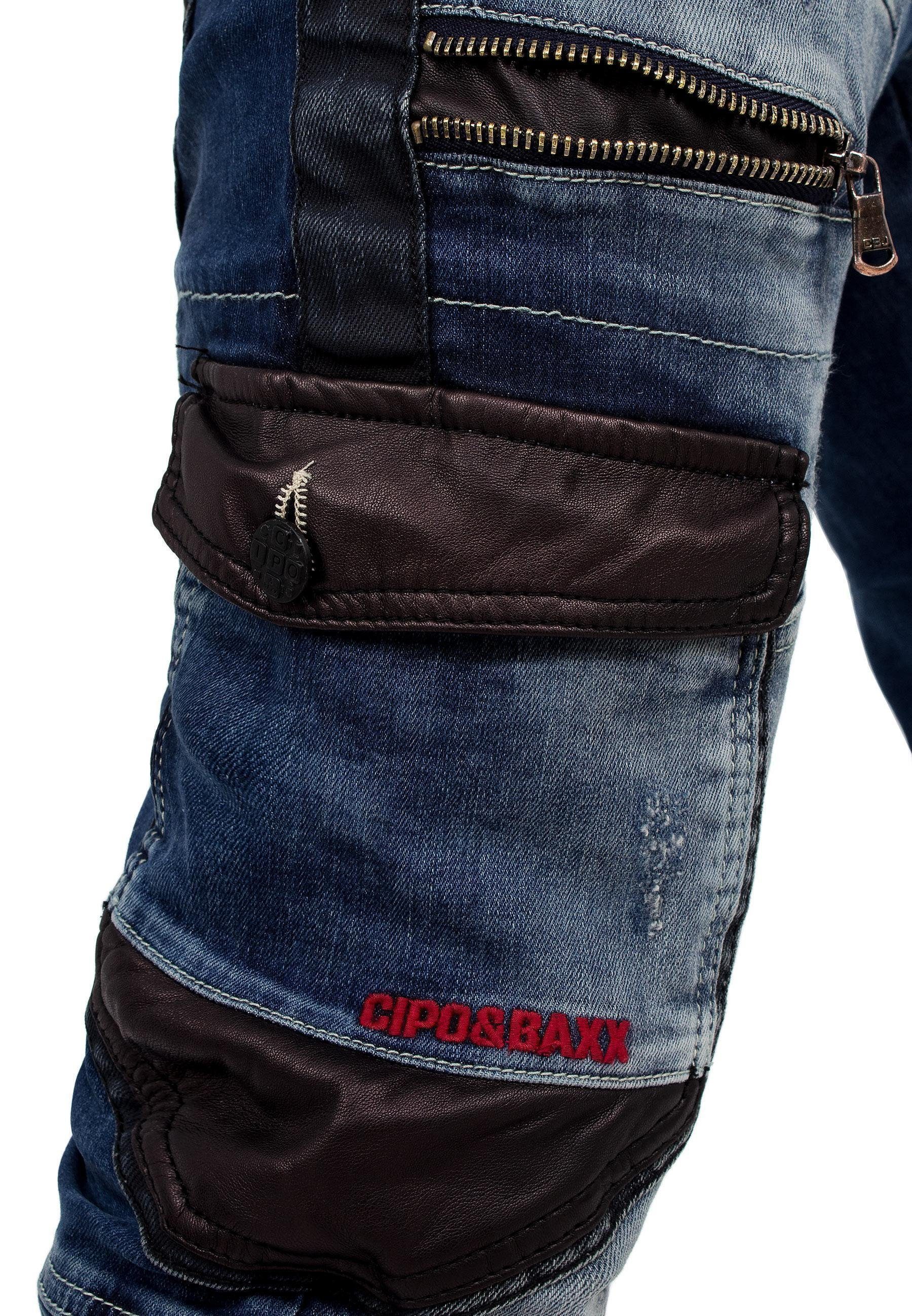 Cipo & Baxx Bikerjeans Herren straight fit Hose Stonewashed BA-CD561 4 Zipper und Cargostil Seitentaschen