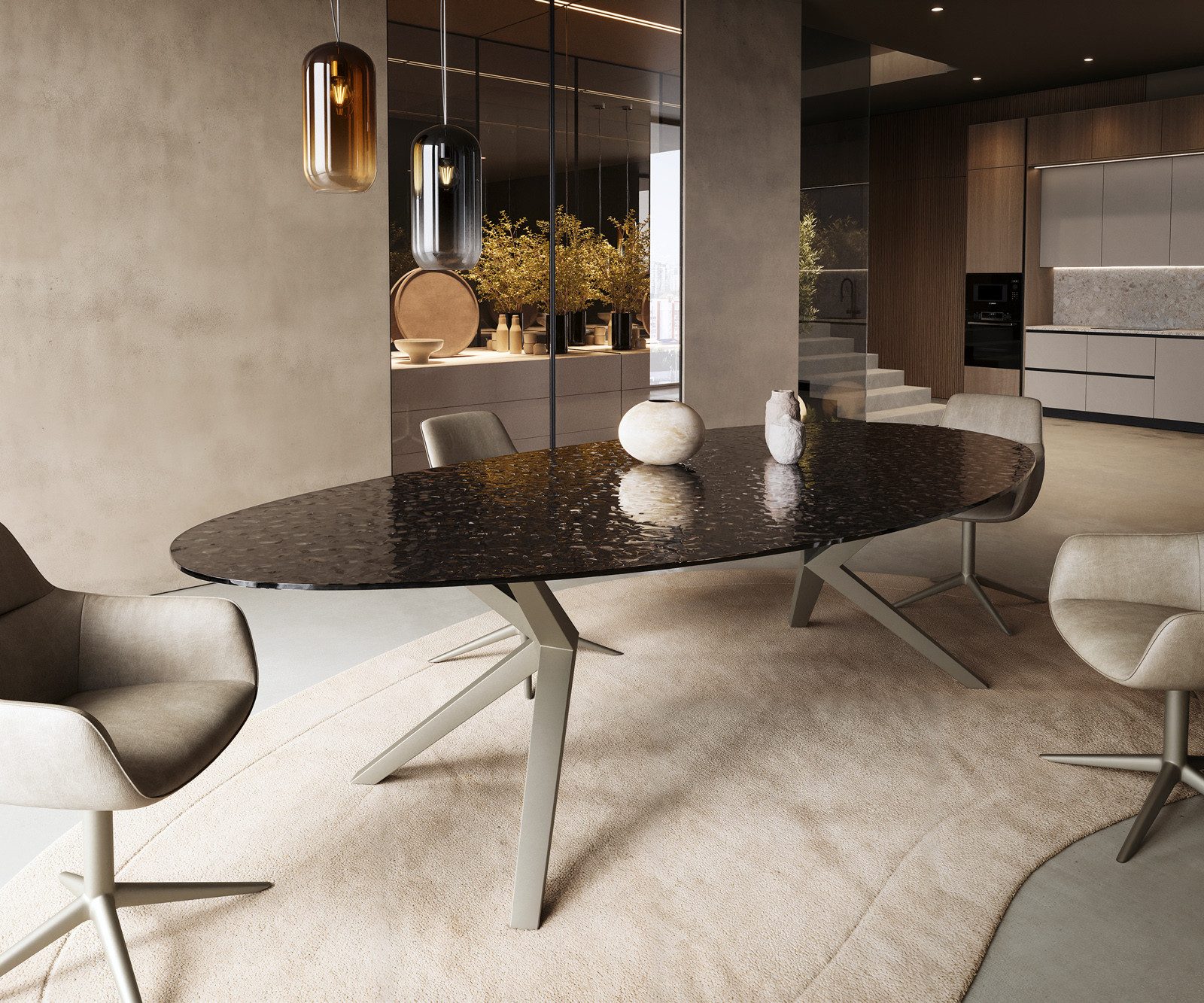 DELIFE Esstisch Edge, Oval Reliefglas Rauchschwarz 3D-Design 280x130 Zenthara kantig Metall