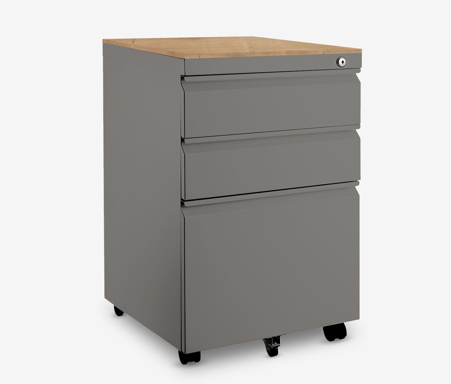 Ergolutions Rollcontainer Metall mit Holzblende, 5 Jahre Garantie / mit Schloss / 3 große Fächer / Gleitlagerschienen