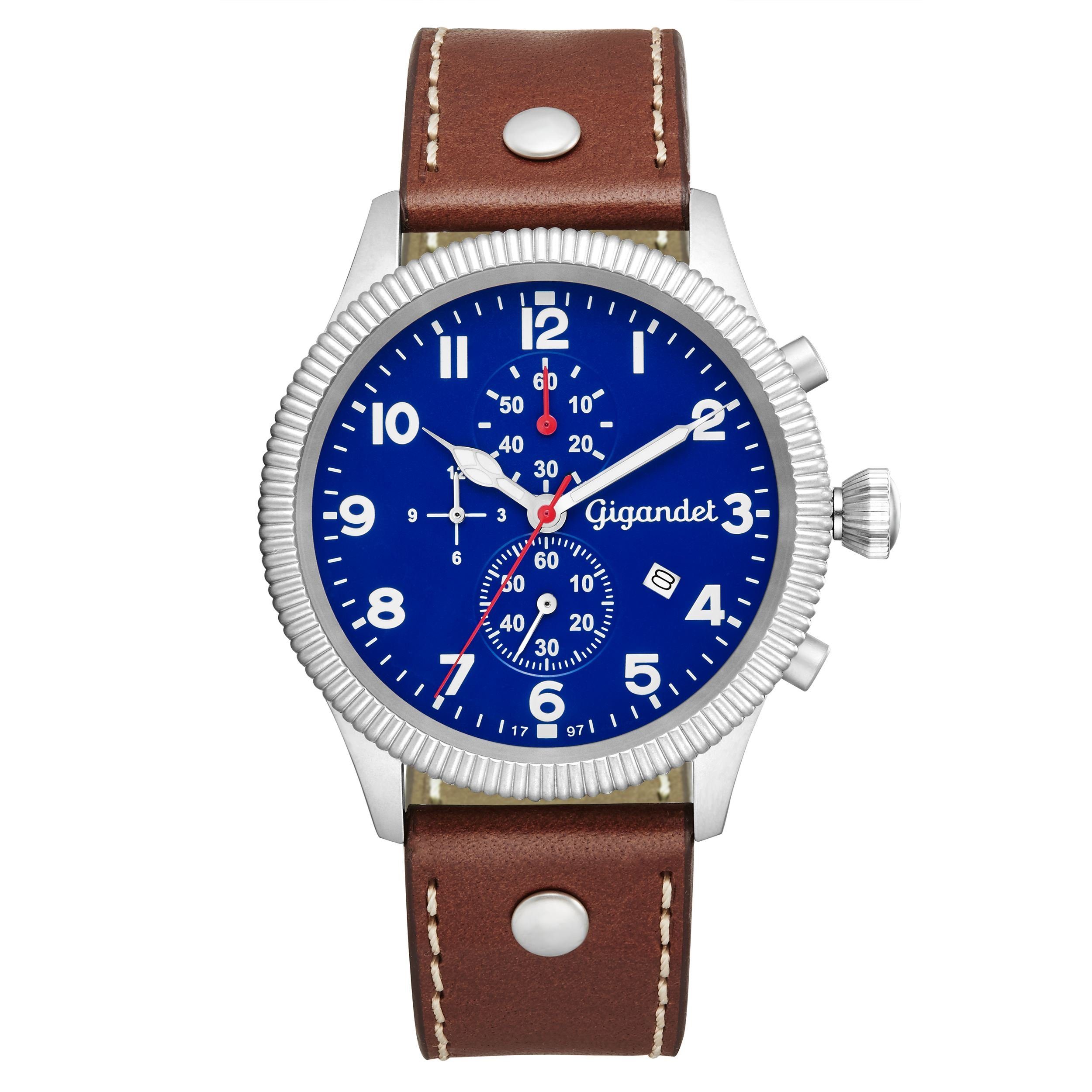 Gigandet Chronograph Armbanduhr, Herrenuhr, Fliegeruhr, 44mm, RED BARON V G34-002, Mineralglas, Datumsanzeige, Lederband, 10bar/100m wasserdicht