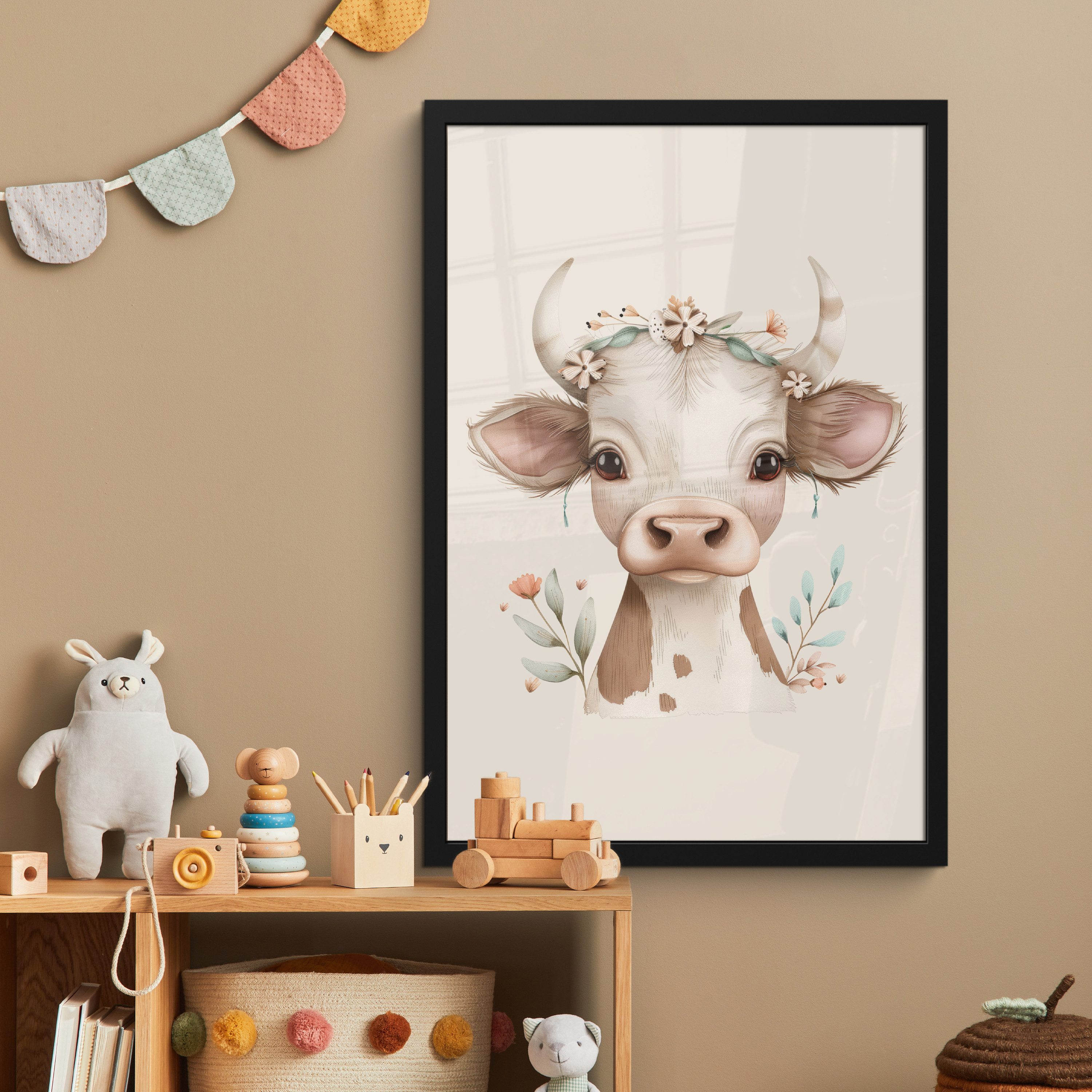 MuchoWow Poster Kuh - böhmisch - Kalb - Blumen, (1 St), Bilderrahmen Schwarz, Wanddeko für Wohnzimmer, 40x60 cm