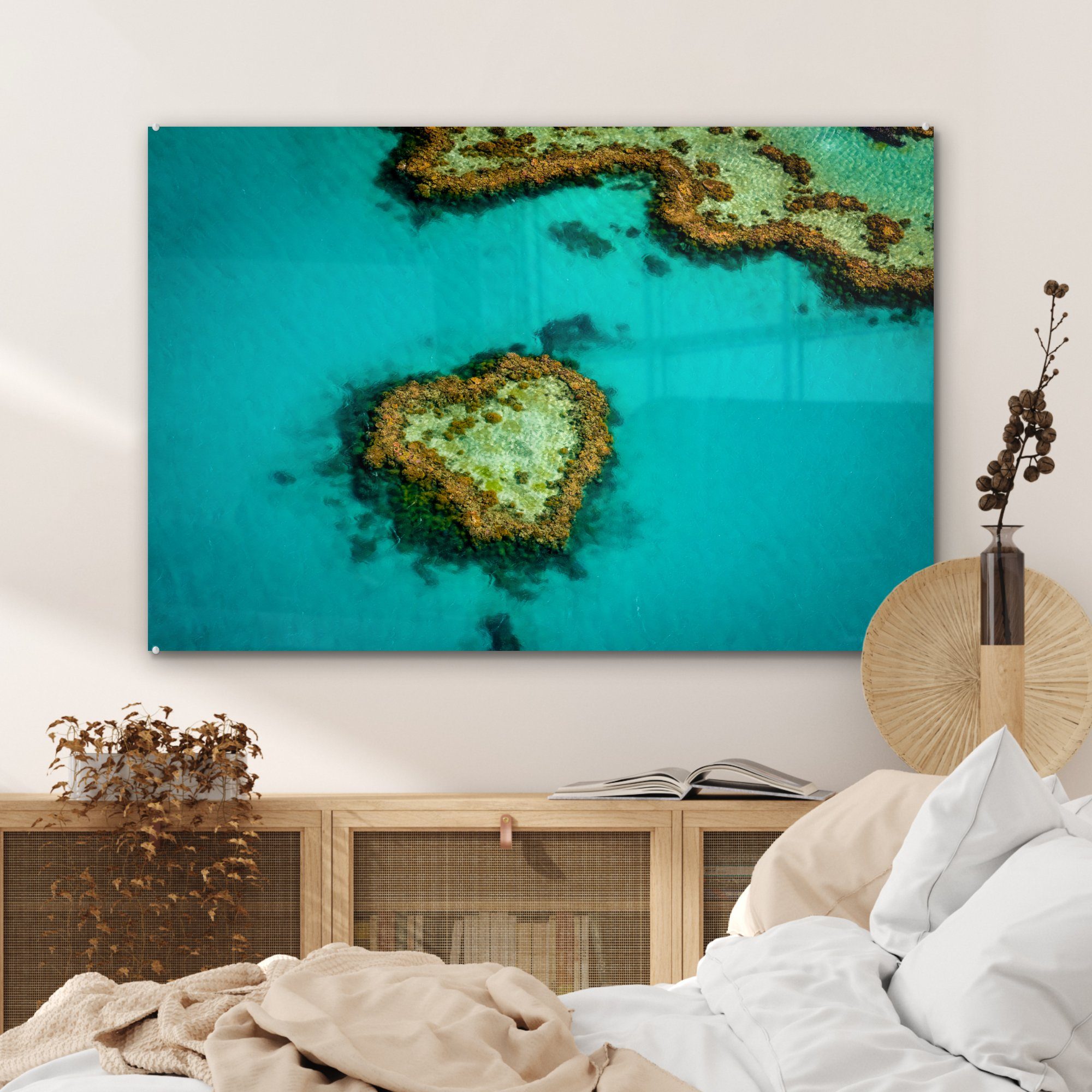 MuchoWow Acrylglasbild Great Barrier Schlafzimmer Acrylglasbilder St), Reef mit im (1 & Herzen, Insel Wohnzimmer