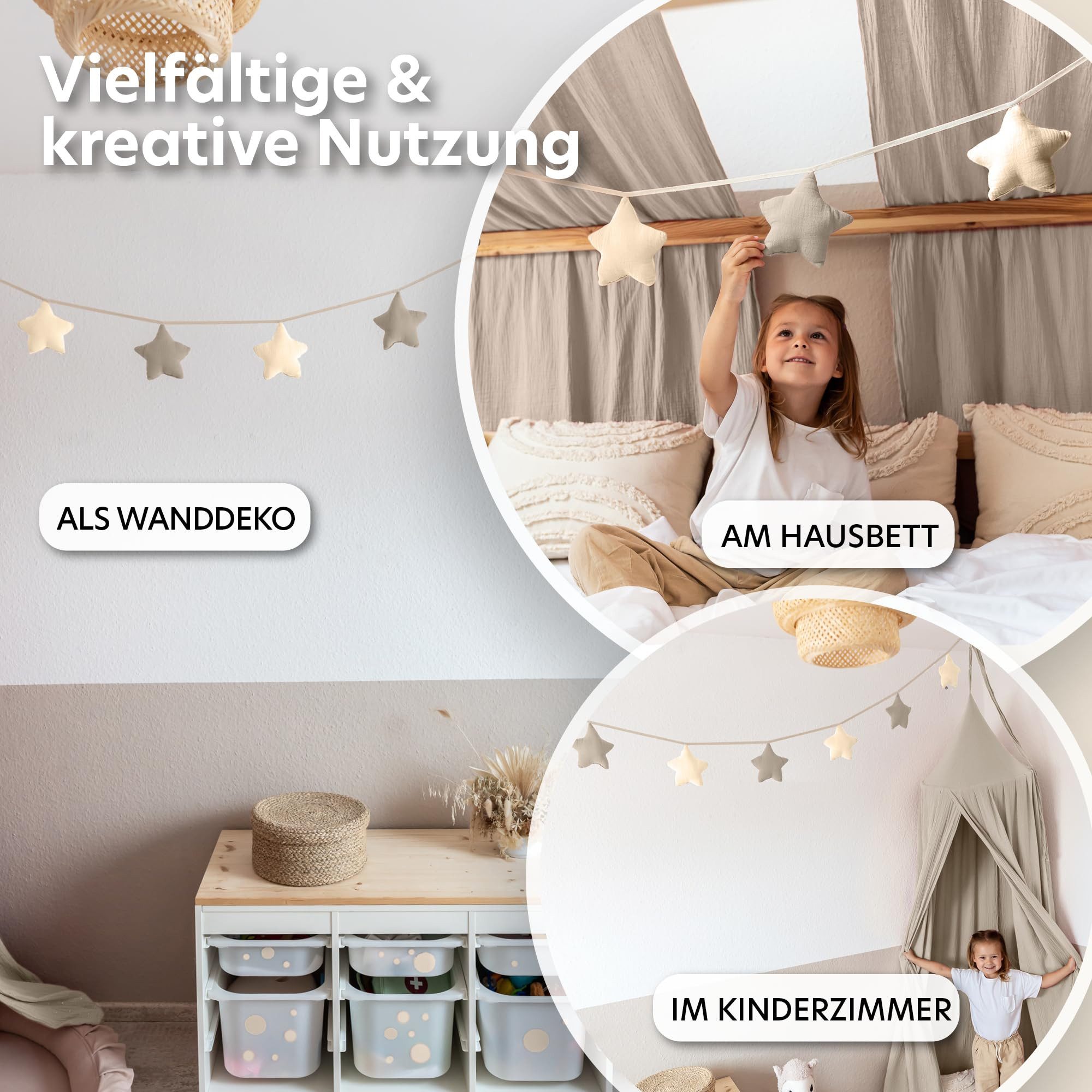 lilimaus Wimpelkette Sternenkette für Kinderzimmer - handgenähte Stoff-Girlande, handgefertigte Stoff-Girlande ca. 300 cm - Wimpel oder Sterne