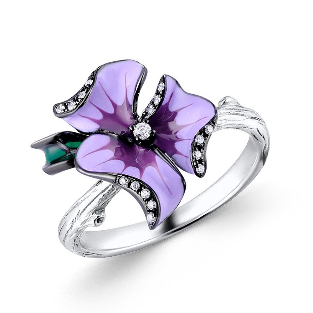 SOKOLOV Jewelry Silberring Damenring mit Blume aus 925 Silber (1-tlg), mit Emaille und Zirkonia Sterling Silberschmuck