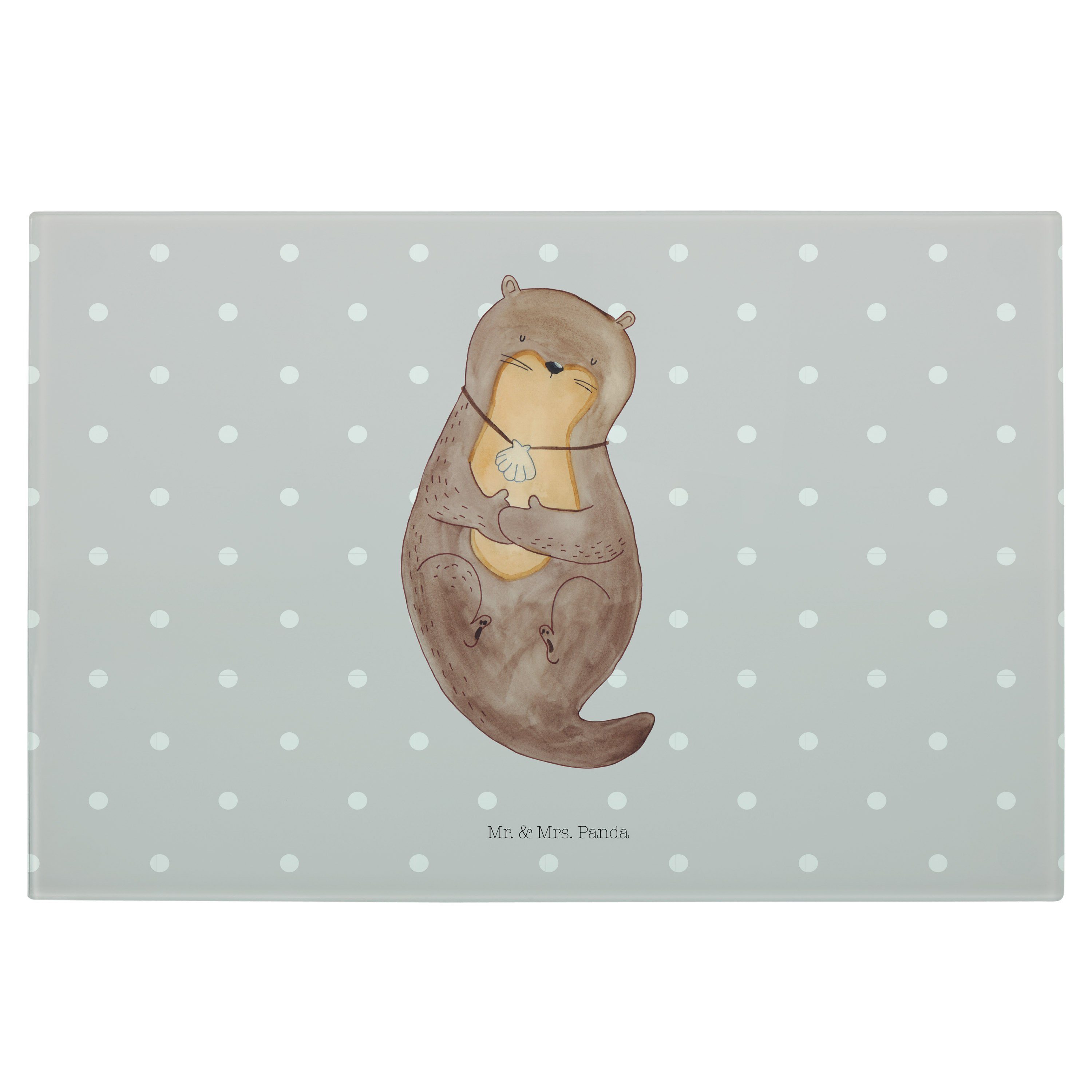 Mr. & Mrs. Panda Servierbrett Otter mit Muschelmedaillon - Grau Pastell -  Geschenk, grübeln, Schnei, Premium Glas, (1-St)